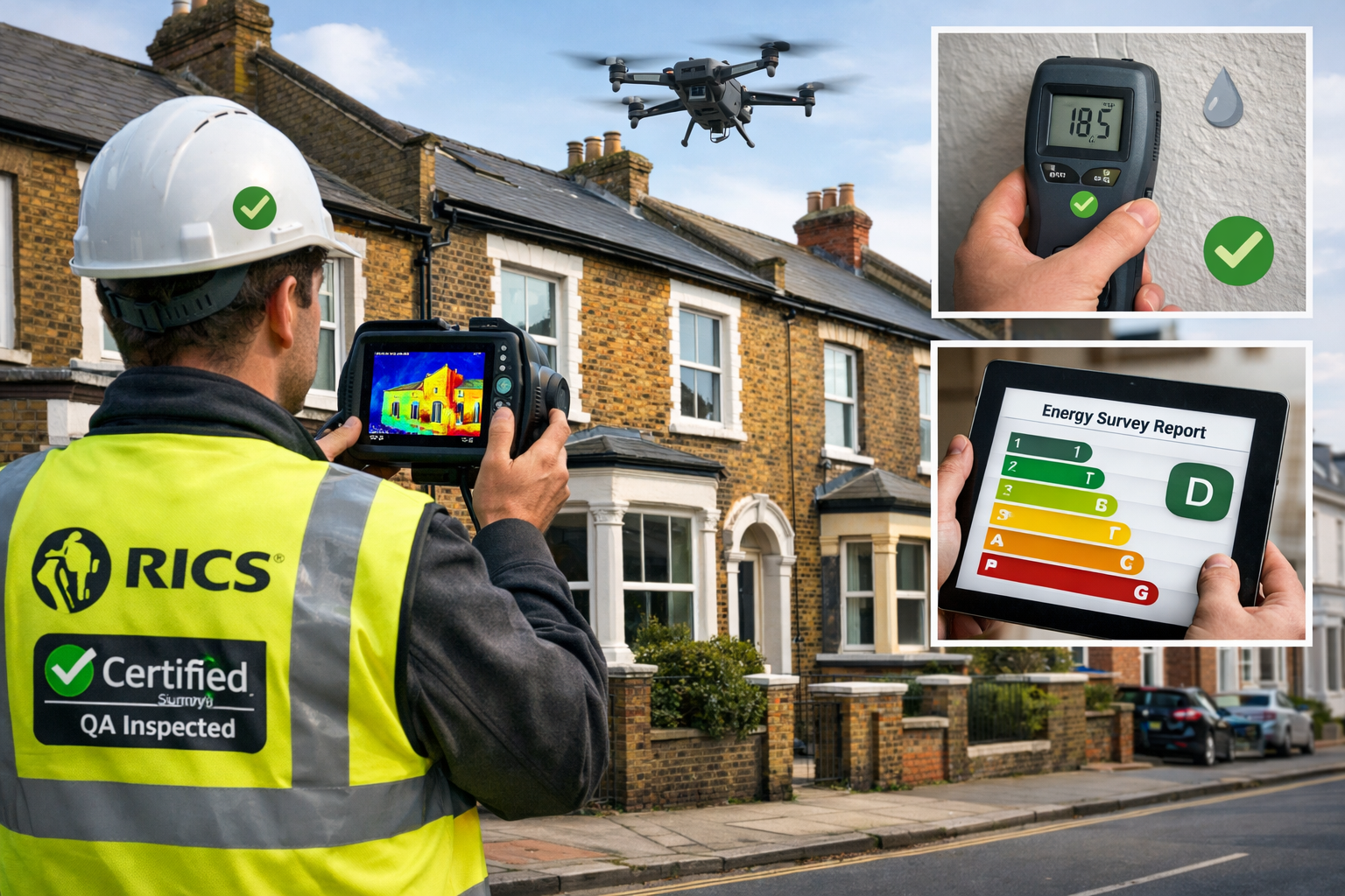 Landscape format (1536x1024) professional photograph of modern surveying technology in action during retrofit assessment. Main focus shows s