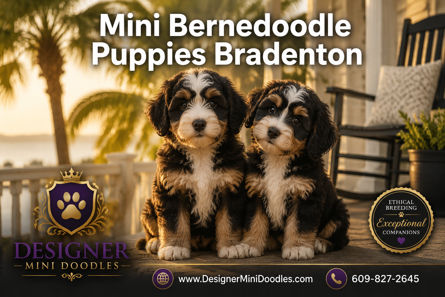 Professional () hero image with : 'Mini Bernedoodle Puppies Bradenton' in modern white text with soft drop , centered in