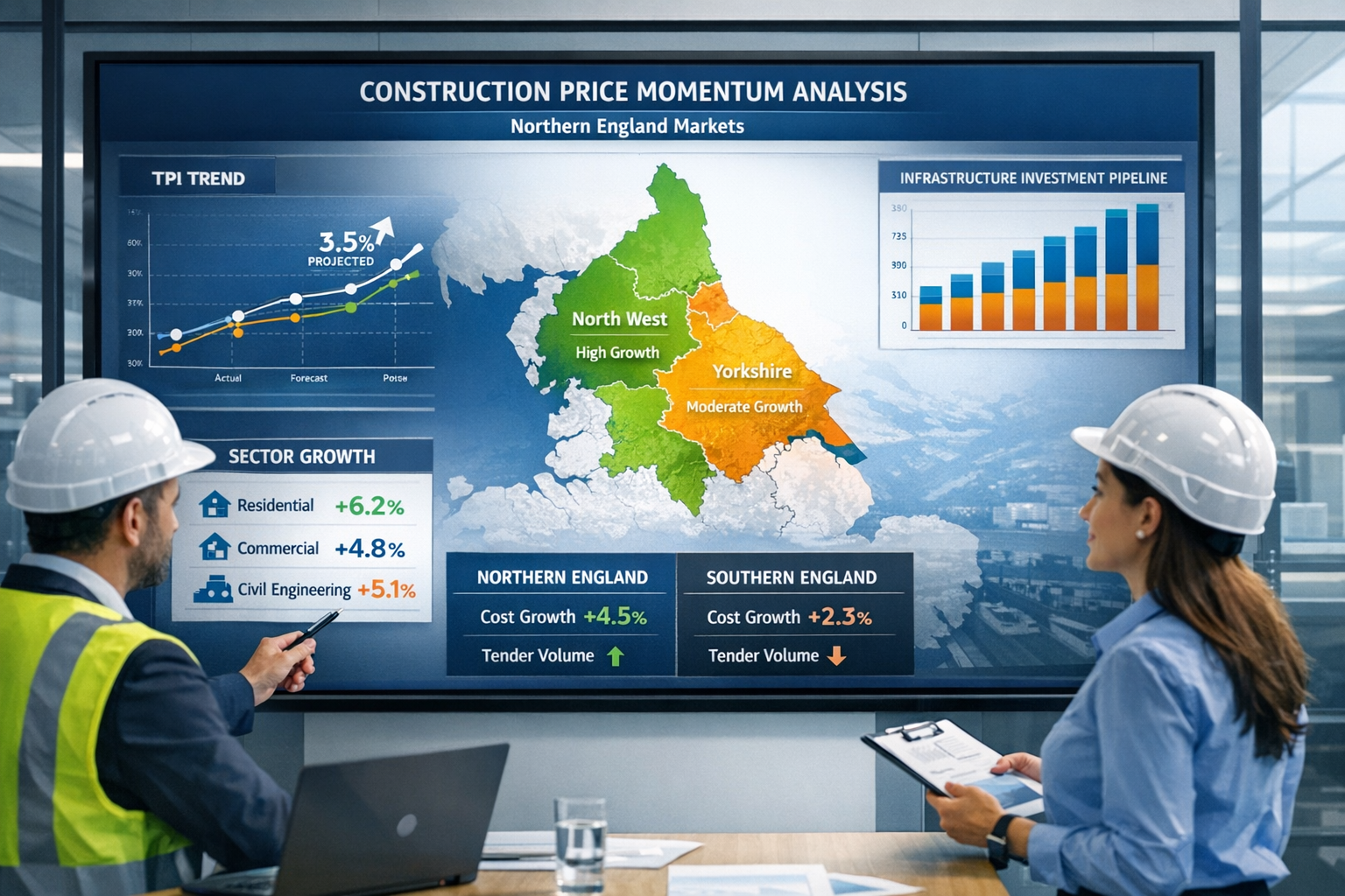 Detailed () visualization of construction price momentum analysis dashboard specific to Northern England markets. Central