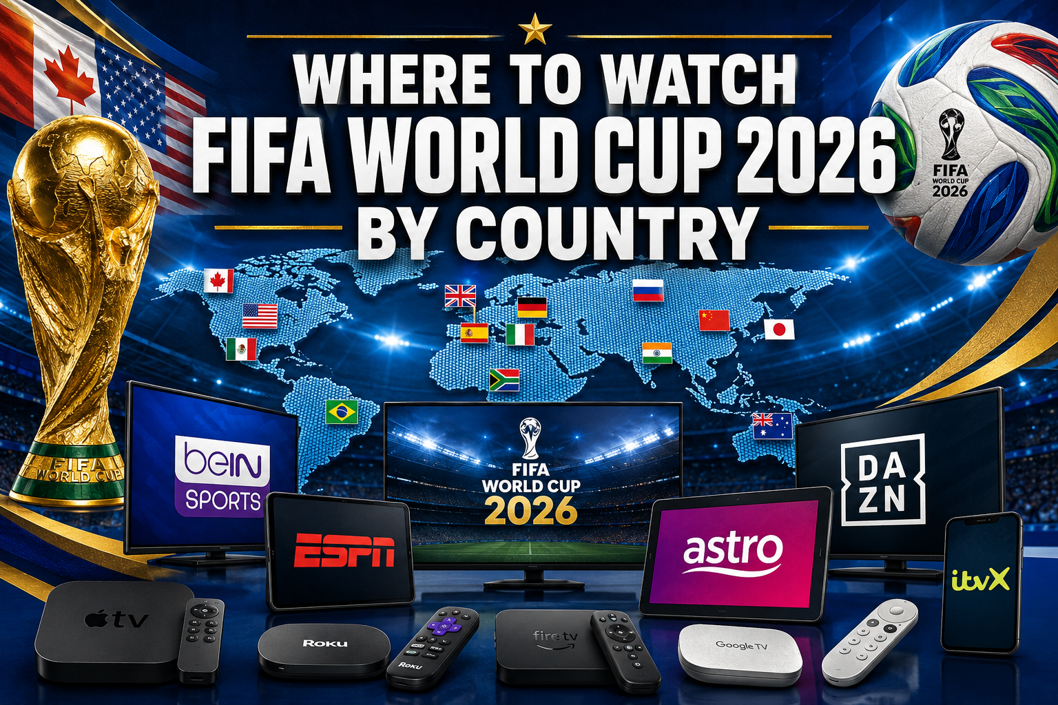 Professional () hero image featuring 'Where to Watch FIFA World Cup 2026 by Country' in extra large white with dark ,