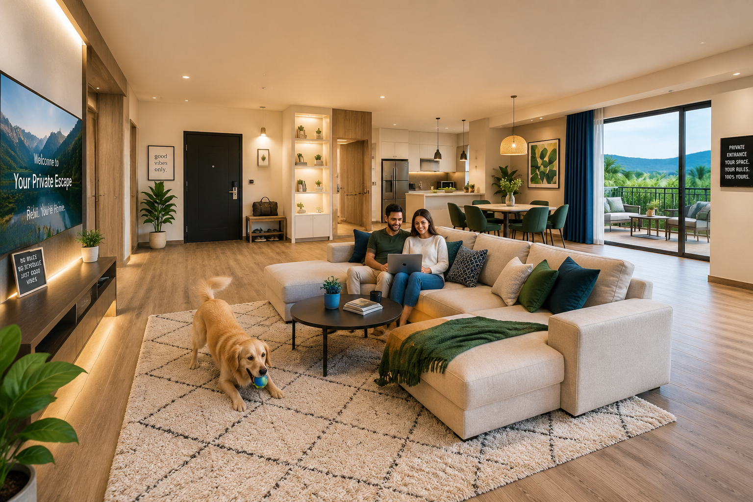 Detailed () image illustrating a luxurious, fully private Airbnb living room with a huge space, a playful dog on a rug, and
