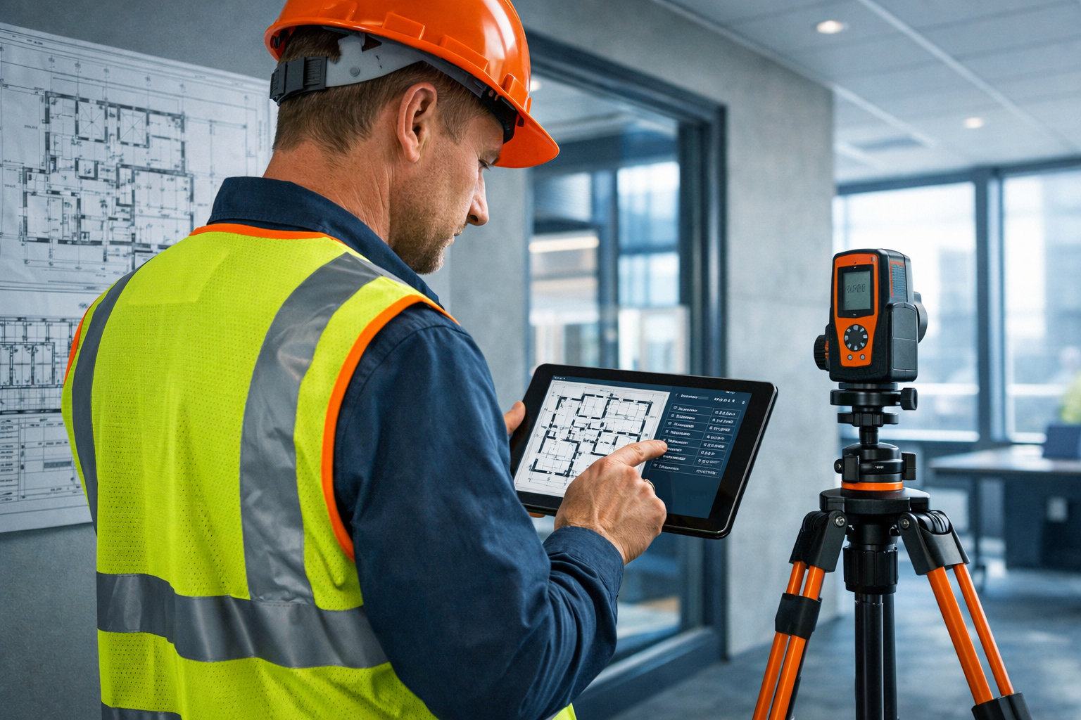 Detailed () image showing professional building surveyor in high-visibility vest conducting detailed inspection inside