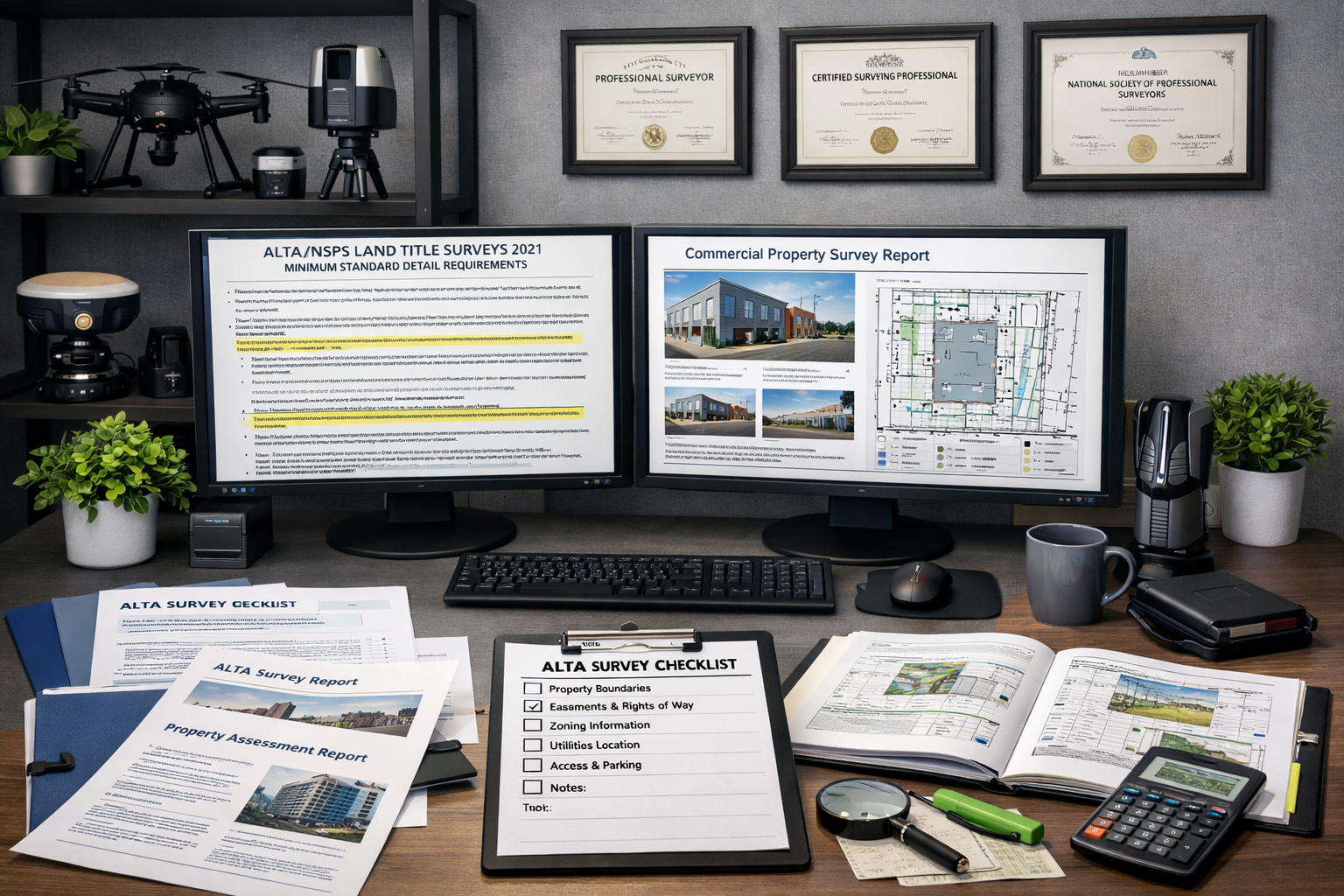 () image depicting organized surveyor's office workspace with multiple monitors displaying ALTA survey standards