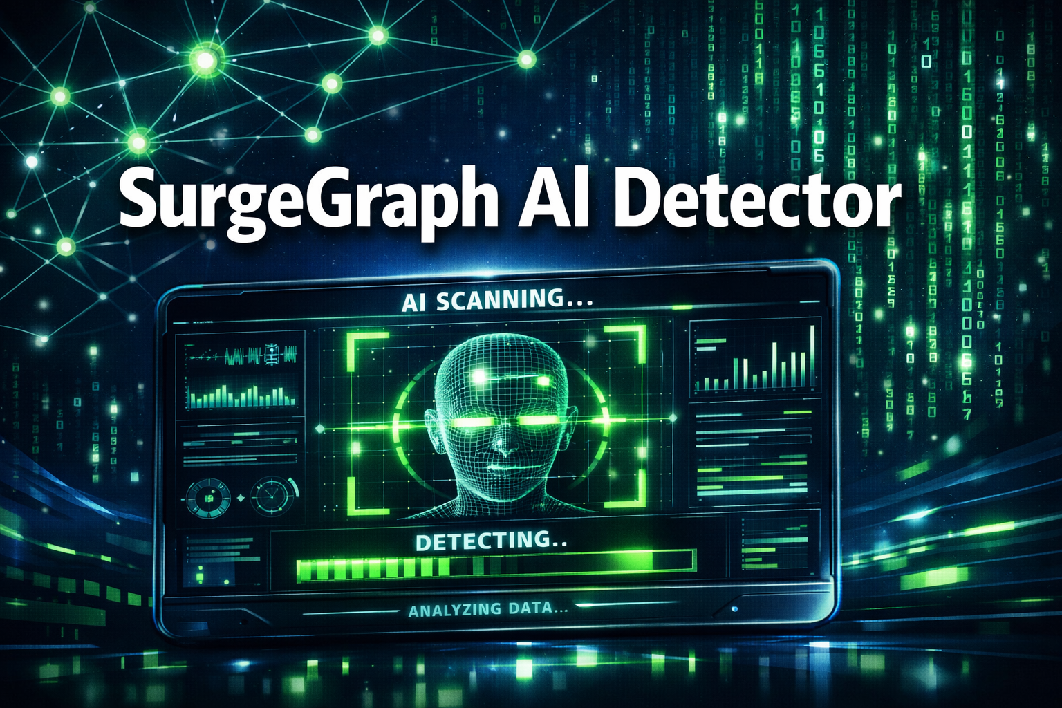 Professional () hero image with : 'SurgeGraph AI Detector' in extra large white with dark drop , centered in upper third.