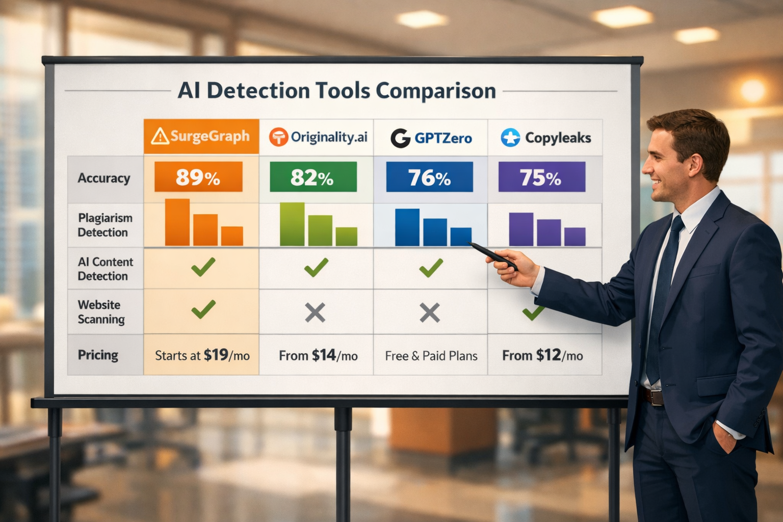 Digital illustration, graphic design style, Landscape format (1536x1024) showing a side-by-side comparison table visualization as a physical infographic board in a modern office setting. The board displays four AI detection tools (SurgeGraph, Originality.ai, GPTZero, Copyleaks) with colored bar charts showing accuracy percentages, feature checkmarks, and pricing tiers. A professional analyst points to the SurgeGraph column highlighted in amber with a caution icon. Warm office lighting, clean sans-serif typography, data-driven editorial style.