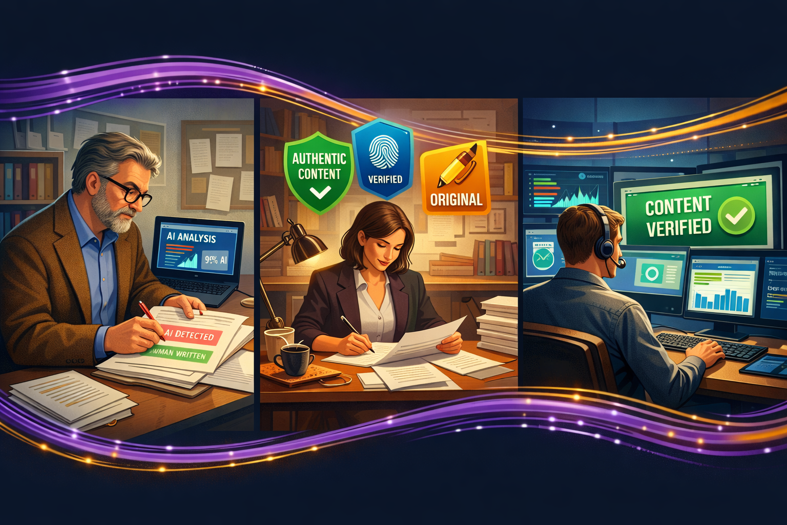 Digital illustration, graphic design style, Landscape format (1536x1024) conceptual illustration showing three distinct industry scenes arranged in a triptych: left panel shows a university professor reviewing student essays with AI detection overlay; center panel depicts a publishing editor at a desk with content authenticity badges floating above documents; right panel shows a digital marketer viewing AI content verification dashboards on multiple screens. Each scene connected by flowing data lines in purple and gold. Professional editorial illustration style, high detail.