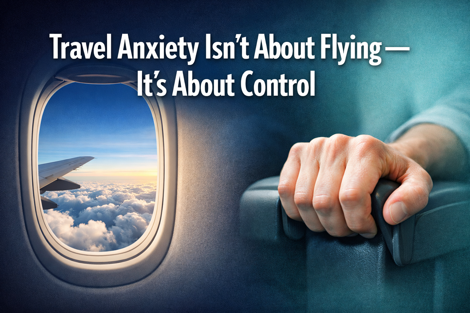 Professional landscape format (1536x1024) hero image with bold text overlay 'Travel Anxiety Isn't About Flying — It's About Control' in extr