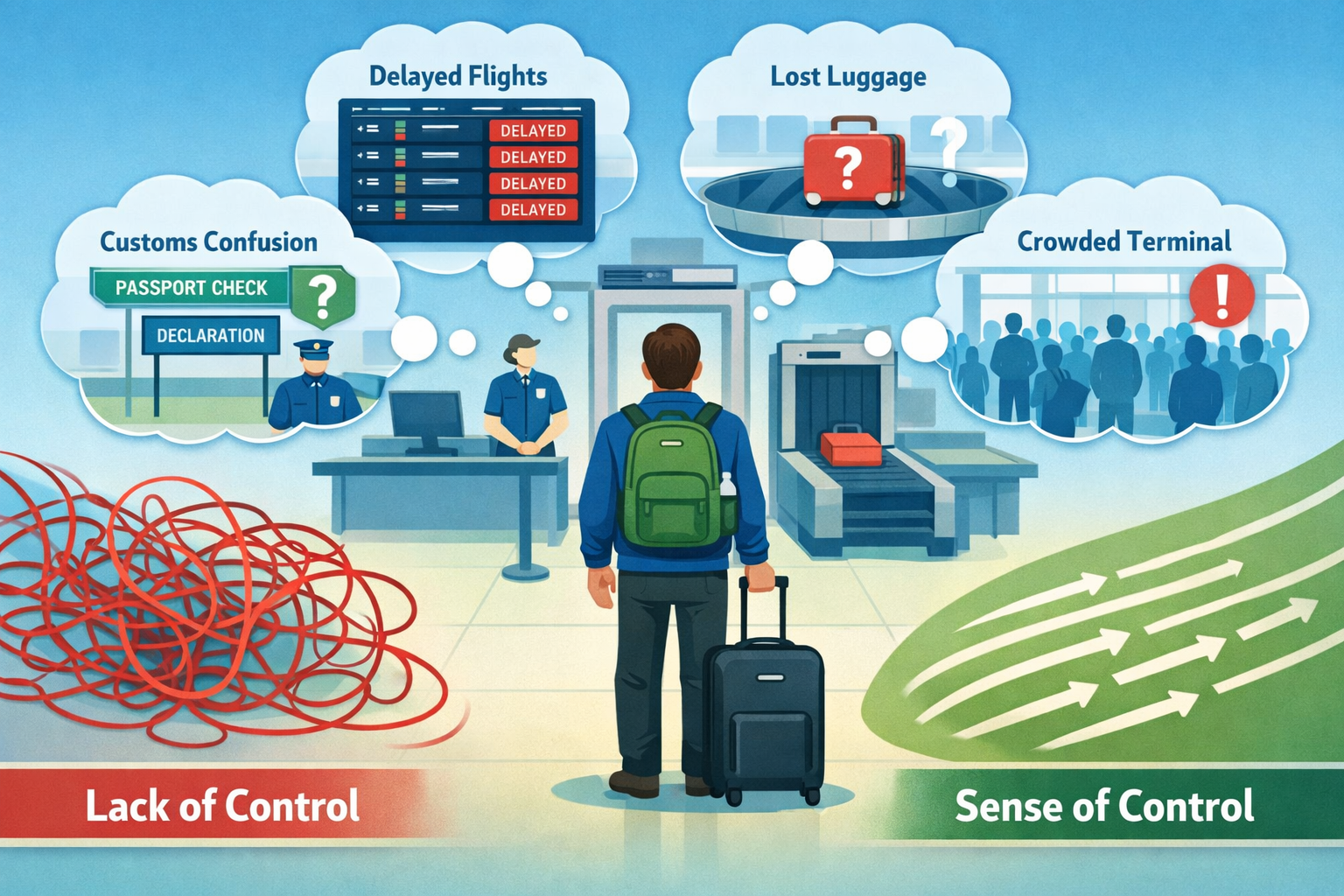 Landscape format (1536x1024) detailed illustration showing the psychological concept of control versus uncertainty in travel. Central image 