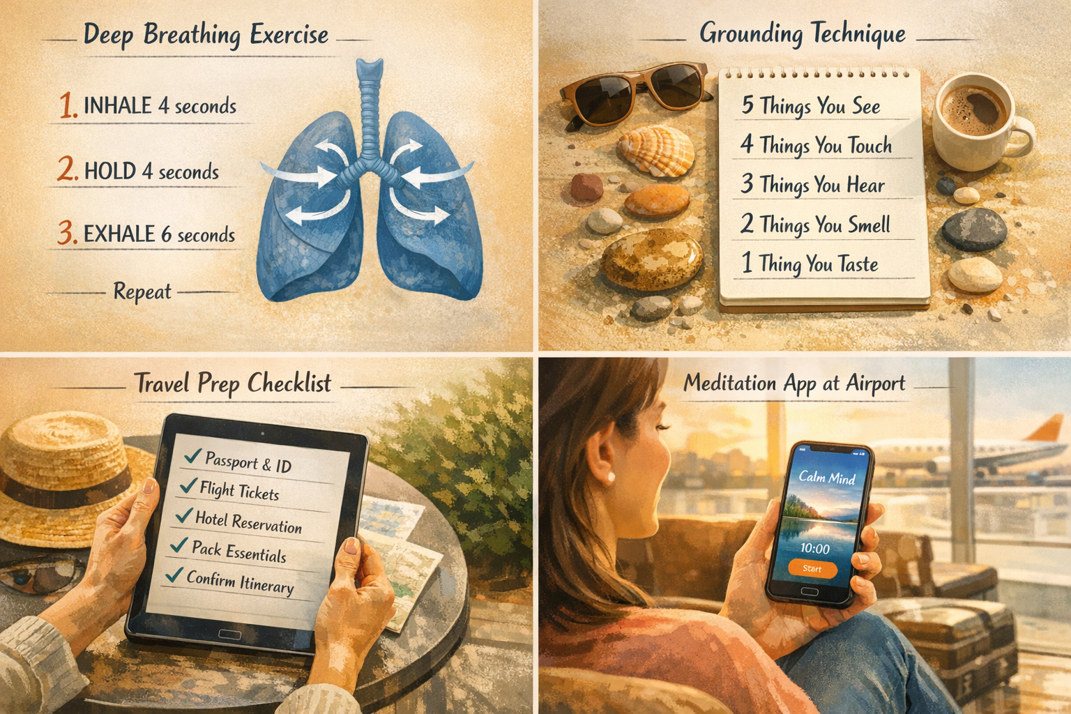 Landscape format (1536x1024) calming instructional visual demonstrating practical anxiety management techniques for travelers. Four-panel la