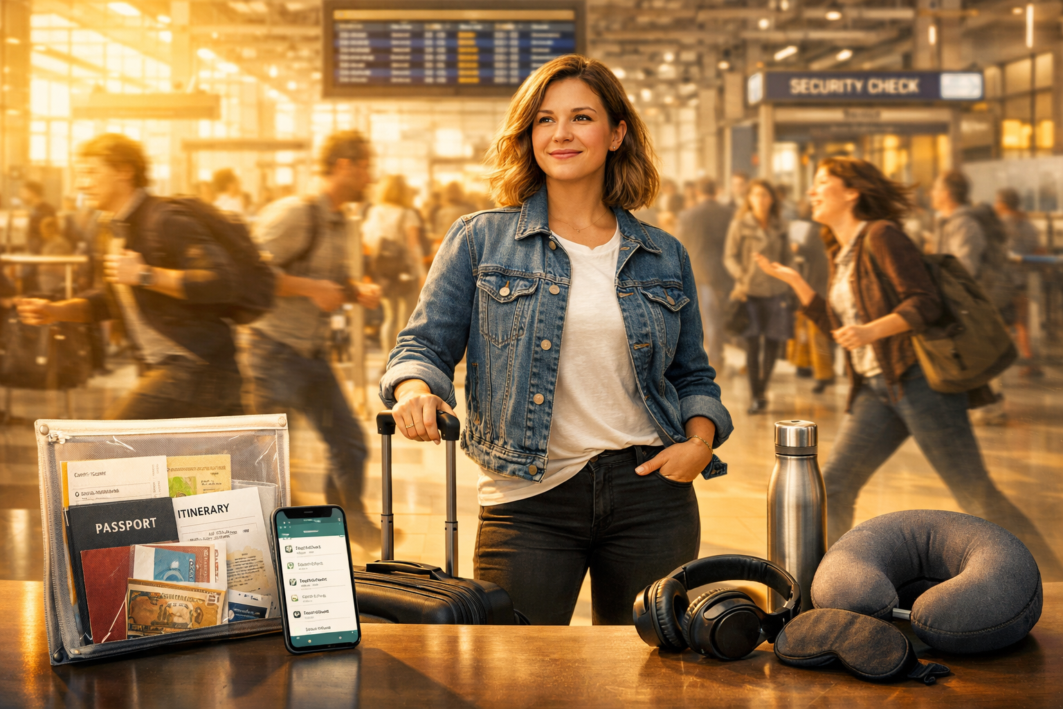 Landscape format (1536x1024) empowering travel scene showing confident traveler in modern airport terminal with rolling suitcase, relaxed po