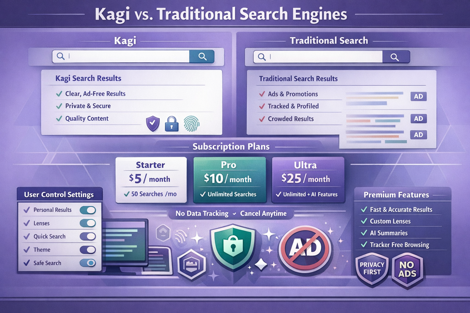 Detailed infographic showing Kagi search engine interface comparison with traditional search engines, featuring clean search results without