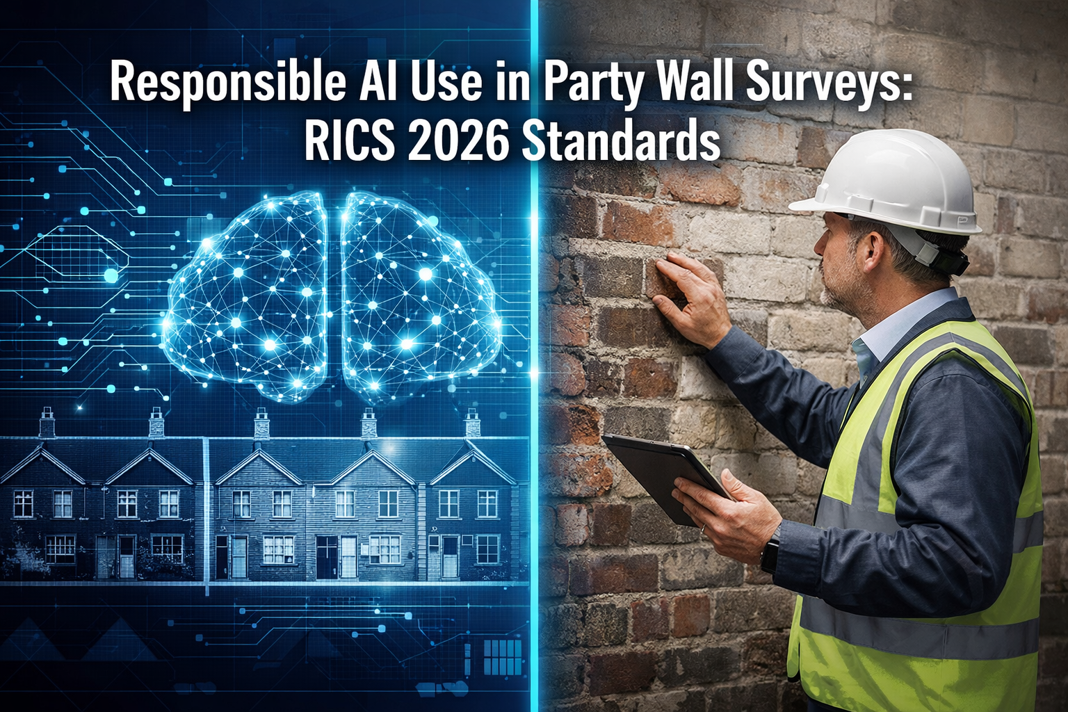 Professional () hero image featuring 'Responsible AI Use in Party Wall Surveys: RICS 2026 Standards' in extra large white