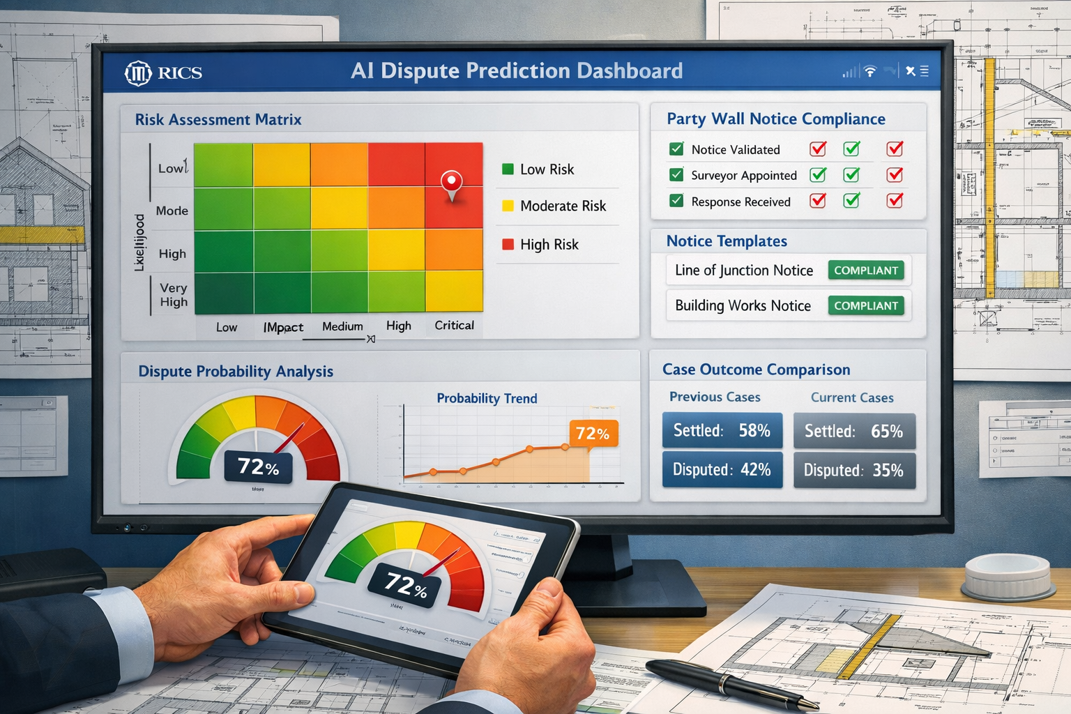 () detailed illustration showing AI-powered dispute prediction dashboard on large monitor screen. Interface displays