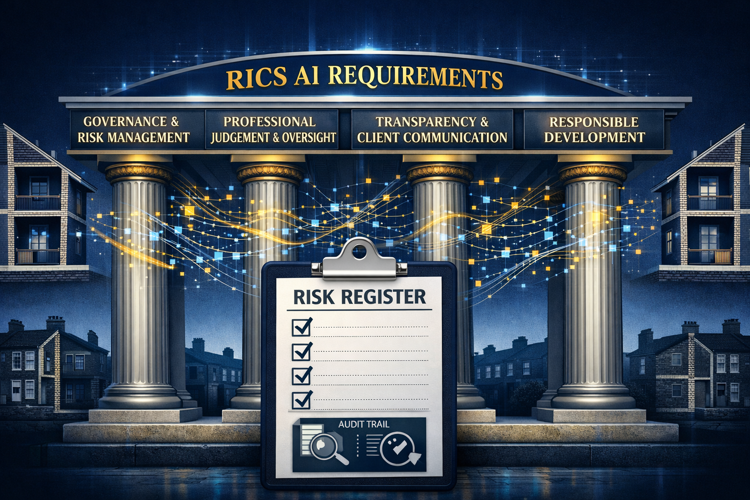 () conceptual illustration depicting the four core RICS AI requirement pillars as architectural columns supporting a digital