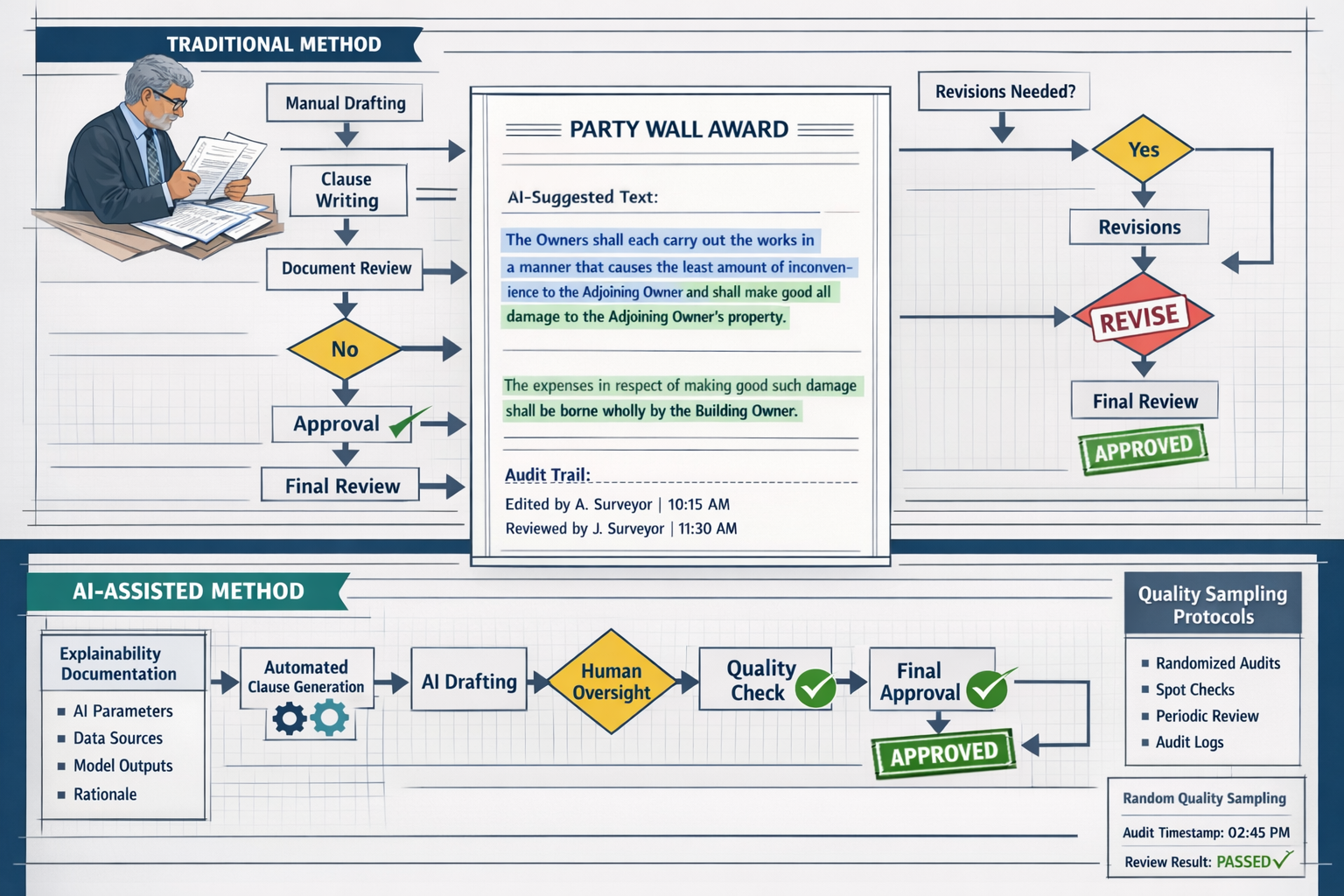 () detailed workflow diagram showing party wall award drafting process with AI assistance. Split composition: top half