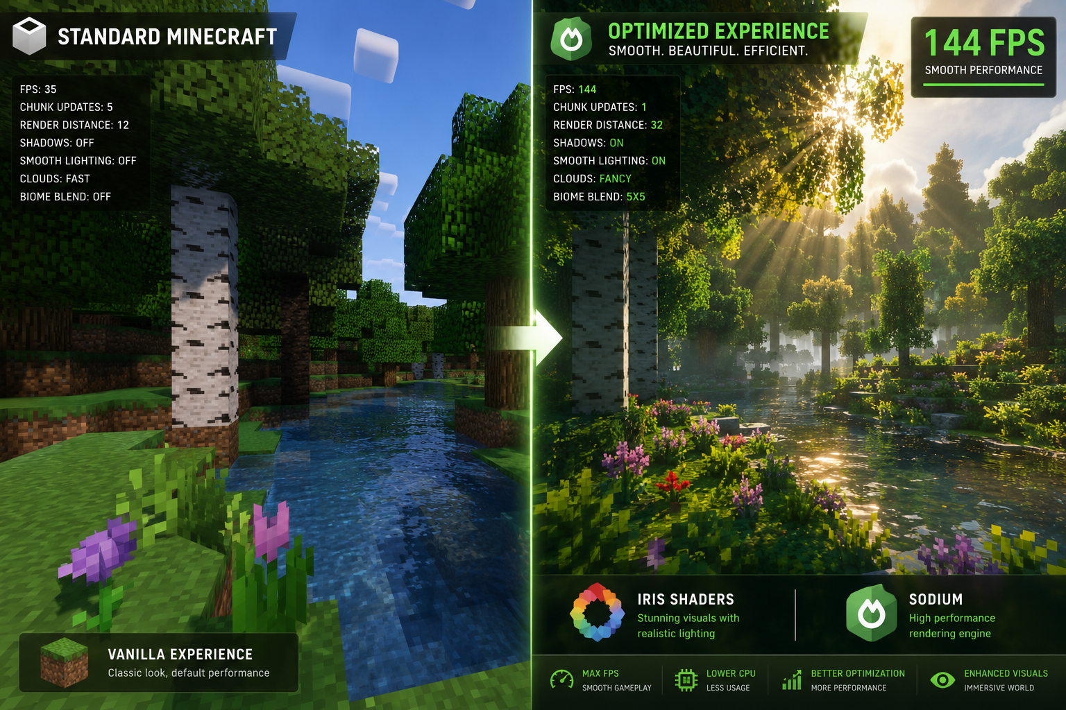 Minecraft performance and utility mods. A split-screen comparison showing a standard block