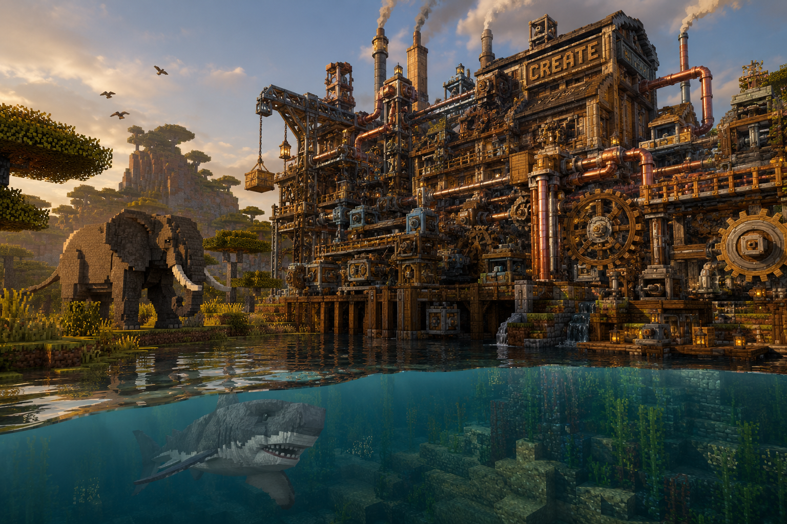 showcasing 'Alex's Mobs' and 'Create' mod integration. A massive mechanical brass factory from the Create mod