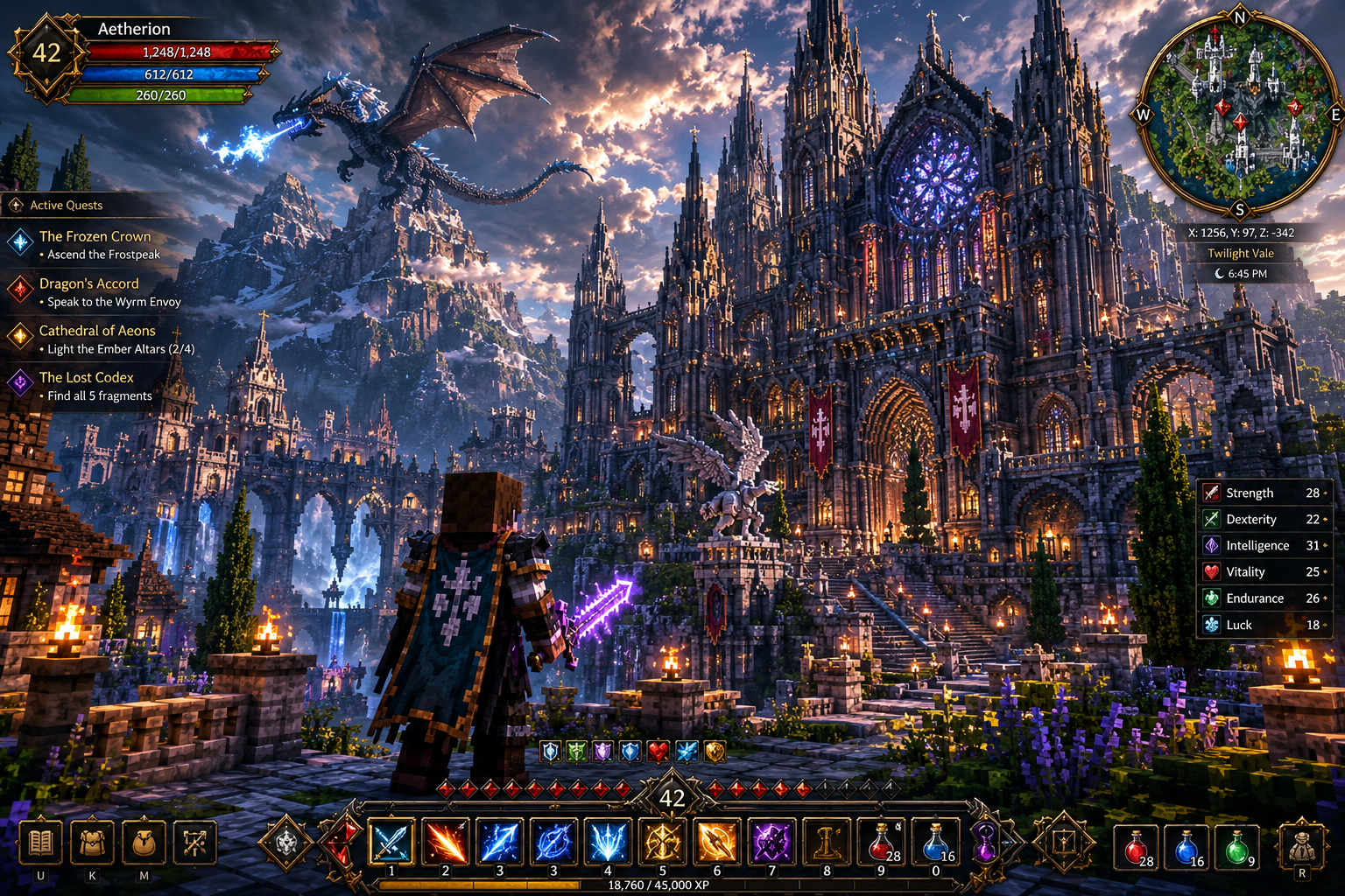 A 'Modern RPG Minecraft' setup. A player character explores a sprawling Gothic cathedral
