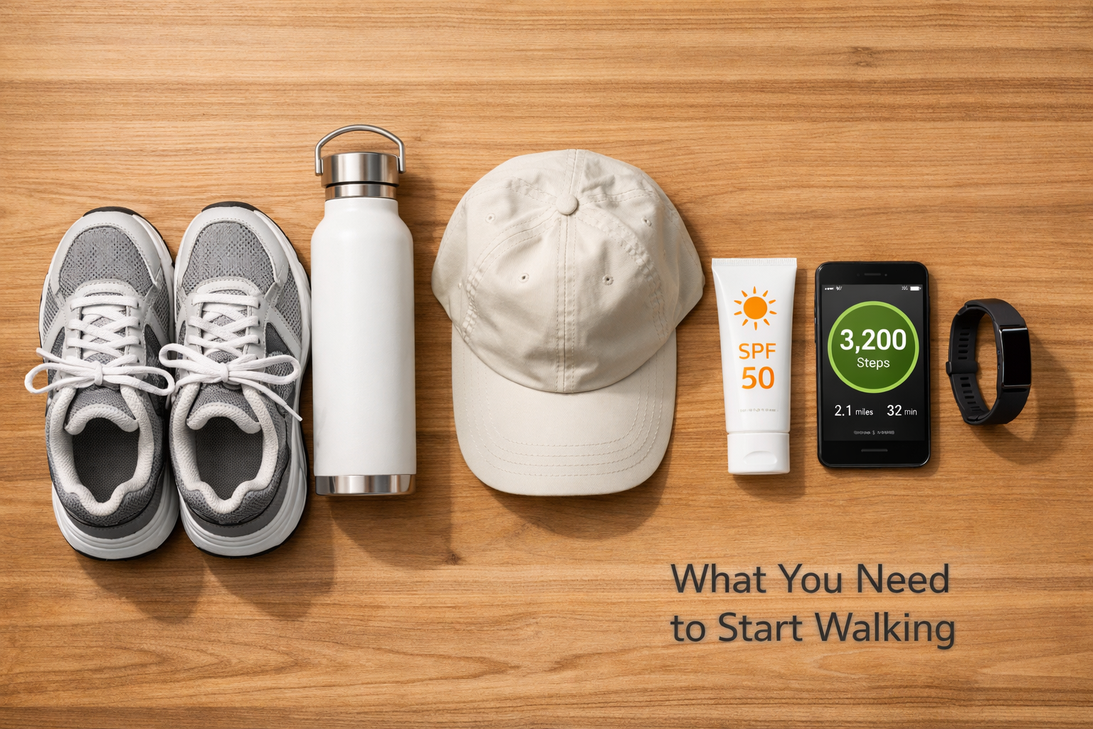 () flat-lay photography of beginner walking gear arranged neatly on a wooden surface: supportive athletic walking shoes, a