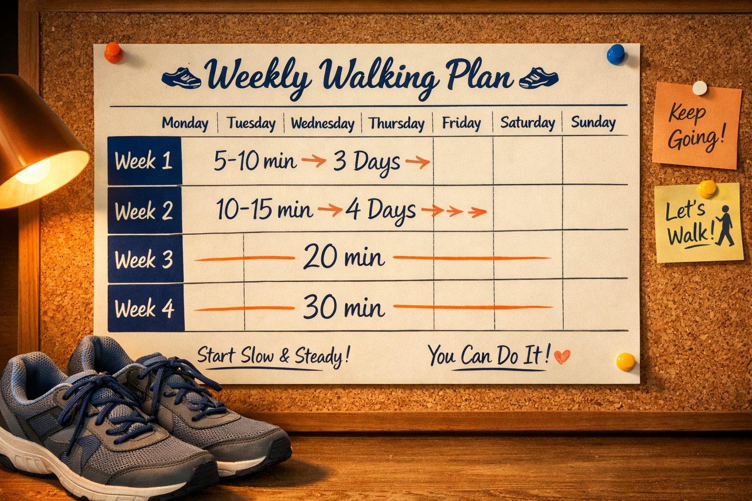 () editorial-style image of a weekly walking plan calendar pinned to a corkboard. The calendar shows a 4-week beginner