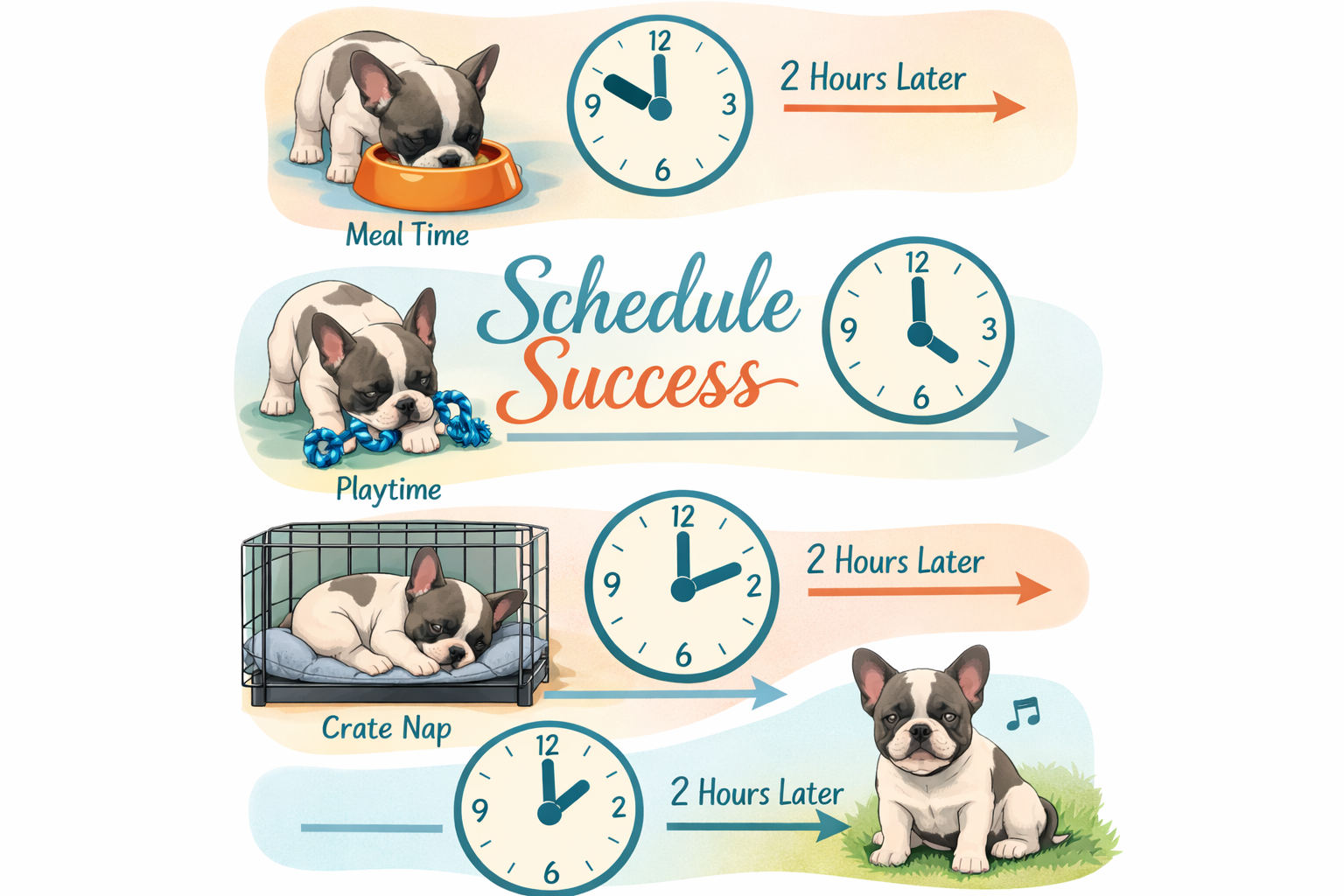 Portrait format (1024x1536) image showing French Bulldog puppy in various house training stages - eating from bowl, playing, napping in crat