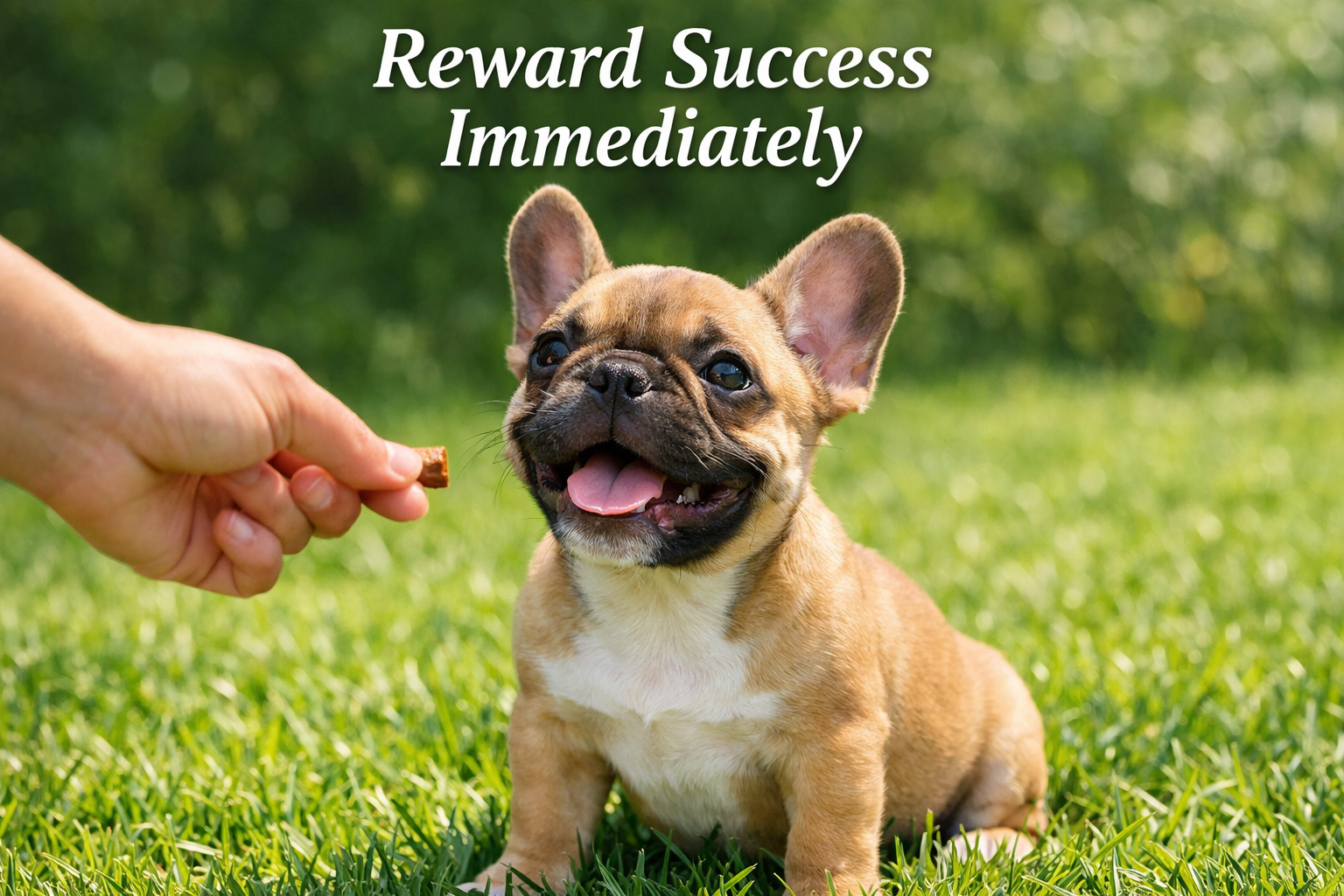 Portrait format (1024x1536) image of French Bulldog puppy outside on grass with owner's hand offering treat, showing positive reinforcement 