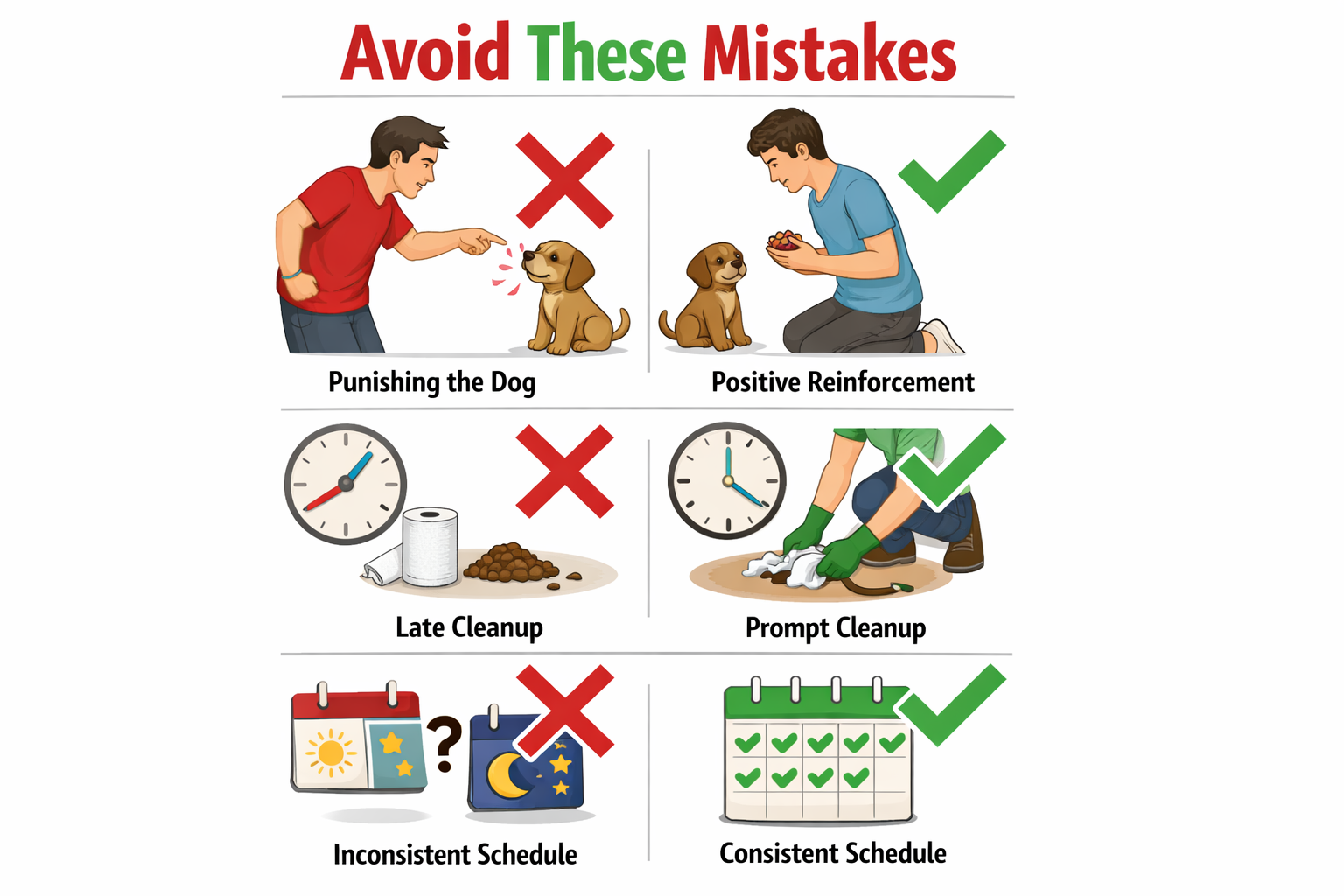 Portrait format (1024x1536) image showing common house training mistakes - crossed out punishment gestures, late cleanup, inconsistent sched