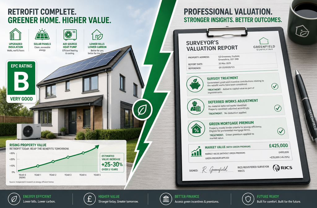() depicting a split-screen composition: left side shows a property with completed retrofit works (heat pump, solar panels,