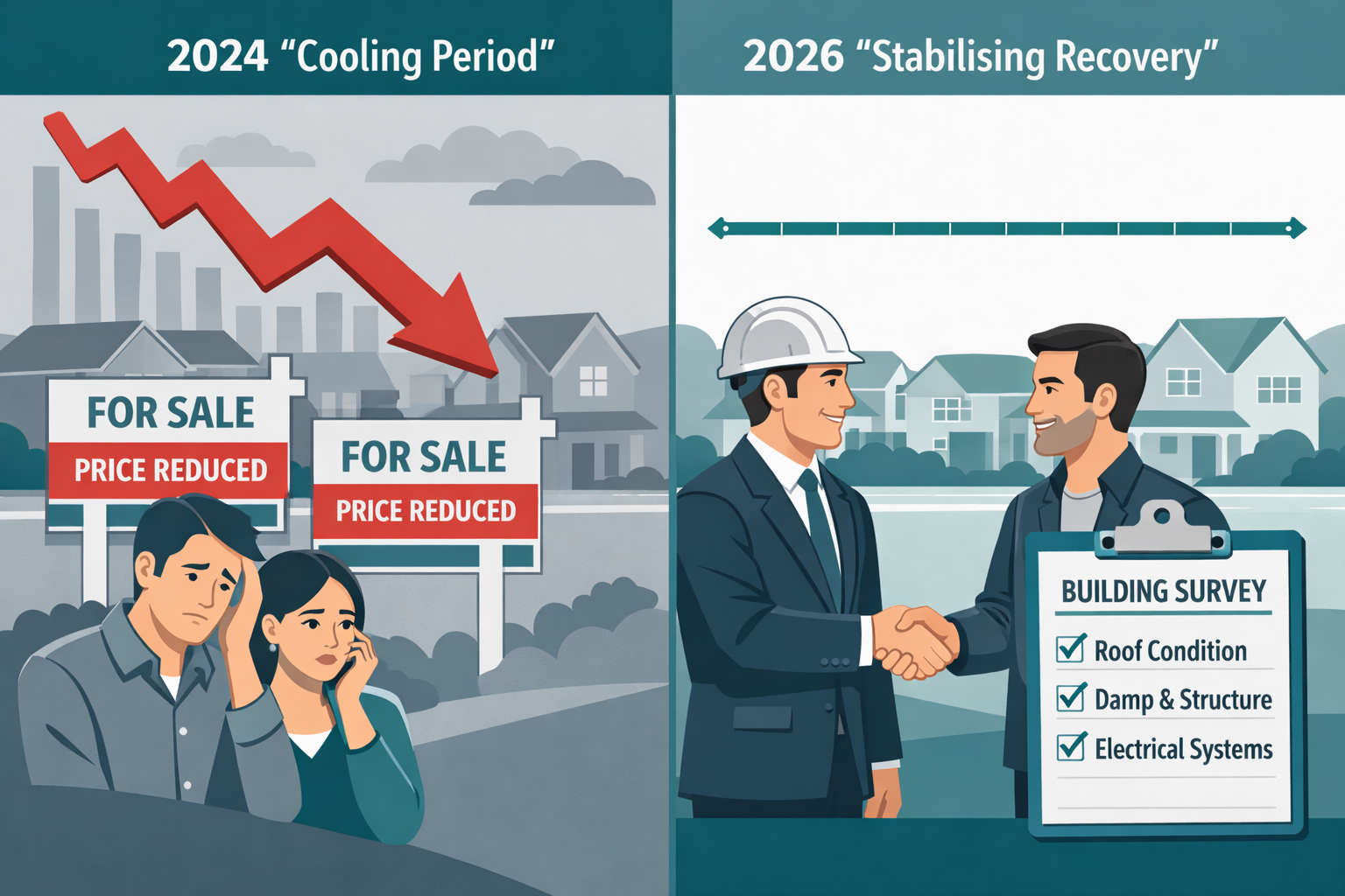 () editorial image showing split-screen comparison of UK housing market conditions: left side displays 2024 'cooling period'