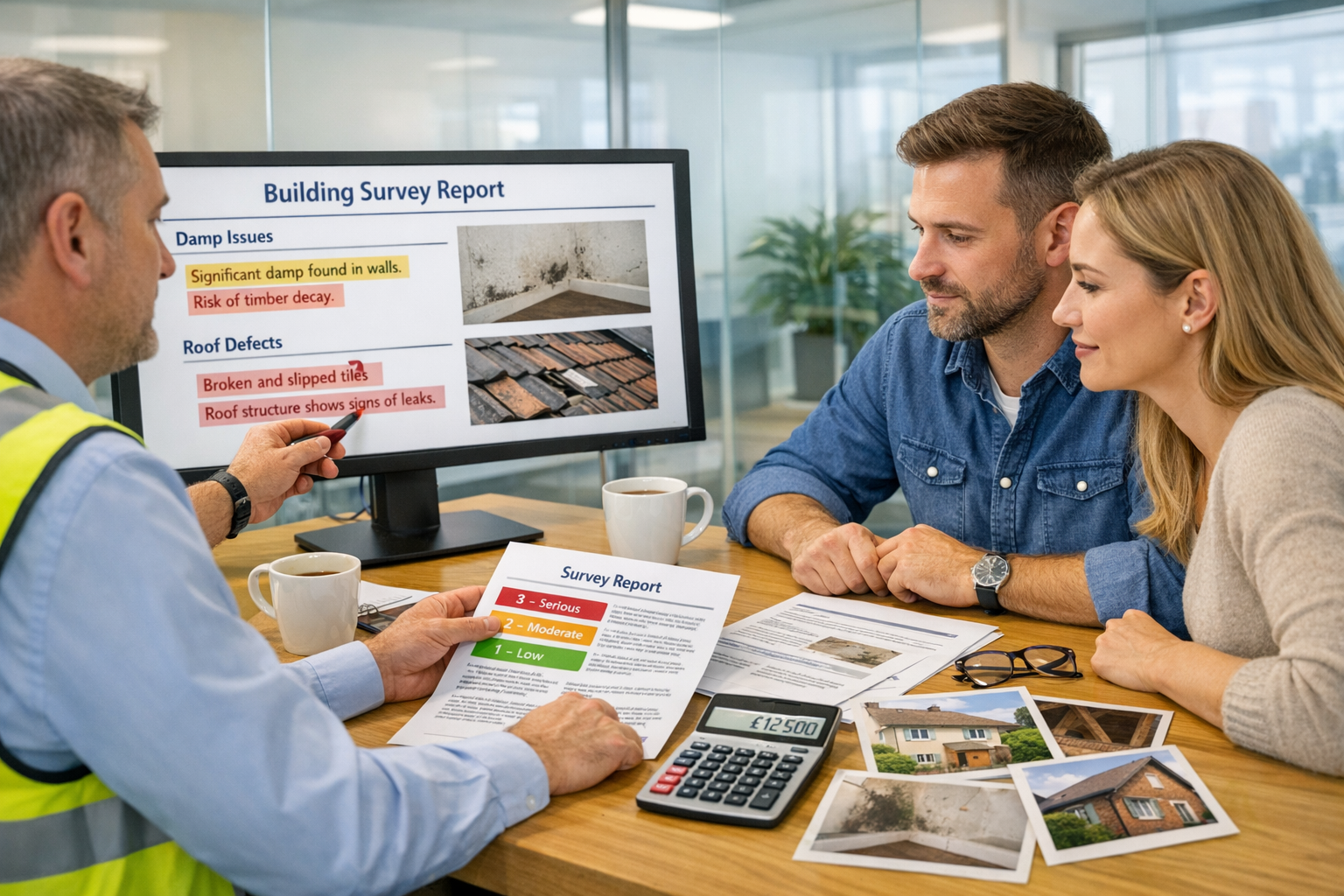 () modern office consultation scene showing surveyor and homebuyer couple reviewing detailed building survey report together