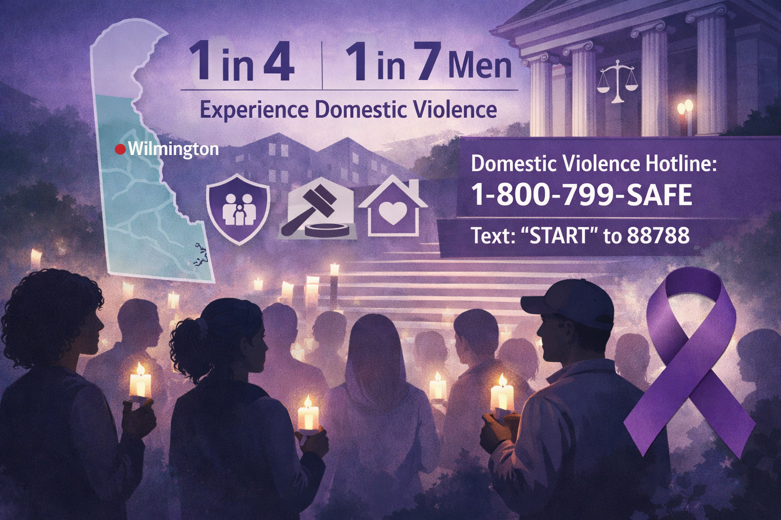 Landscape format (1536x1024) conceptual illustration depicting domestic violence awareness and criminal justice reform themes, showing silho