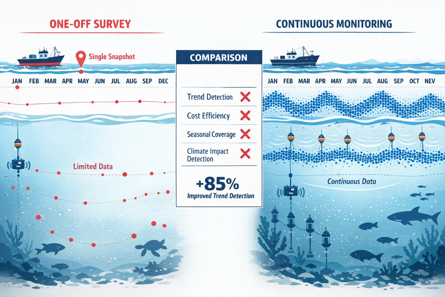 Detailed () illustration comparing continuous versus one-off survey methodologies side-by-side. Left panel shows calendar