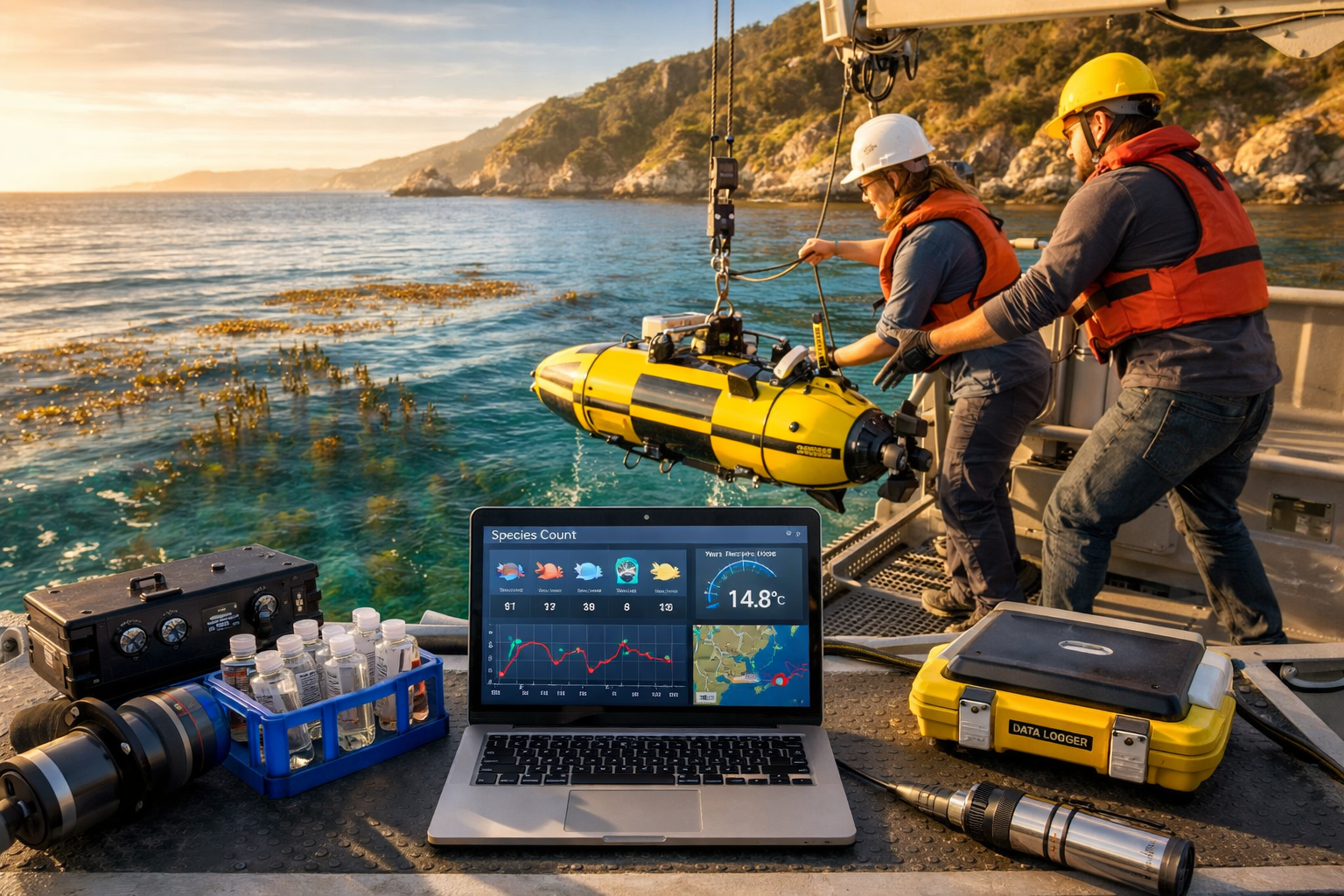 Detailed () photograph of modern marine biodiversity monitoring technology deployment in action. Scene shows research team