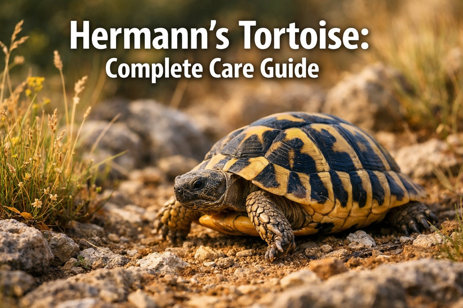 Professional landscape hero image (1536x1024) featuring bold text overlay 'Hermann's Tortoise: Complete Care Guide' in extra large 70pt whit