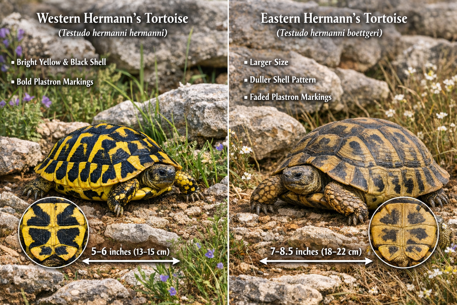 Detailed landscape image (1536x1024) showing Hermann's tortoise physical characteristics and subspecies comparison. Split composition featur