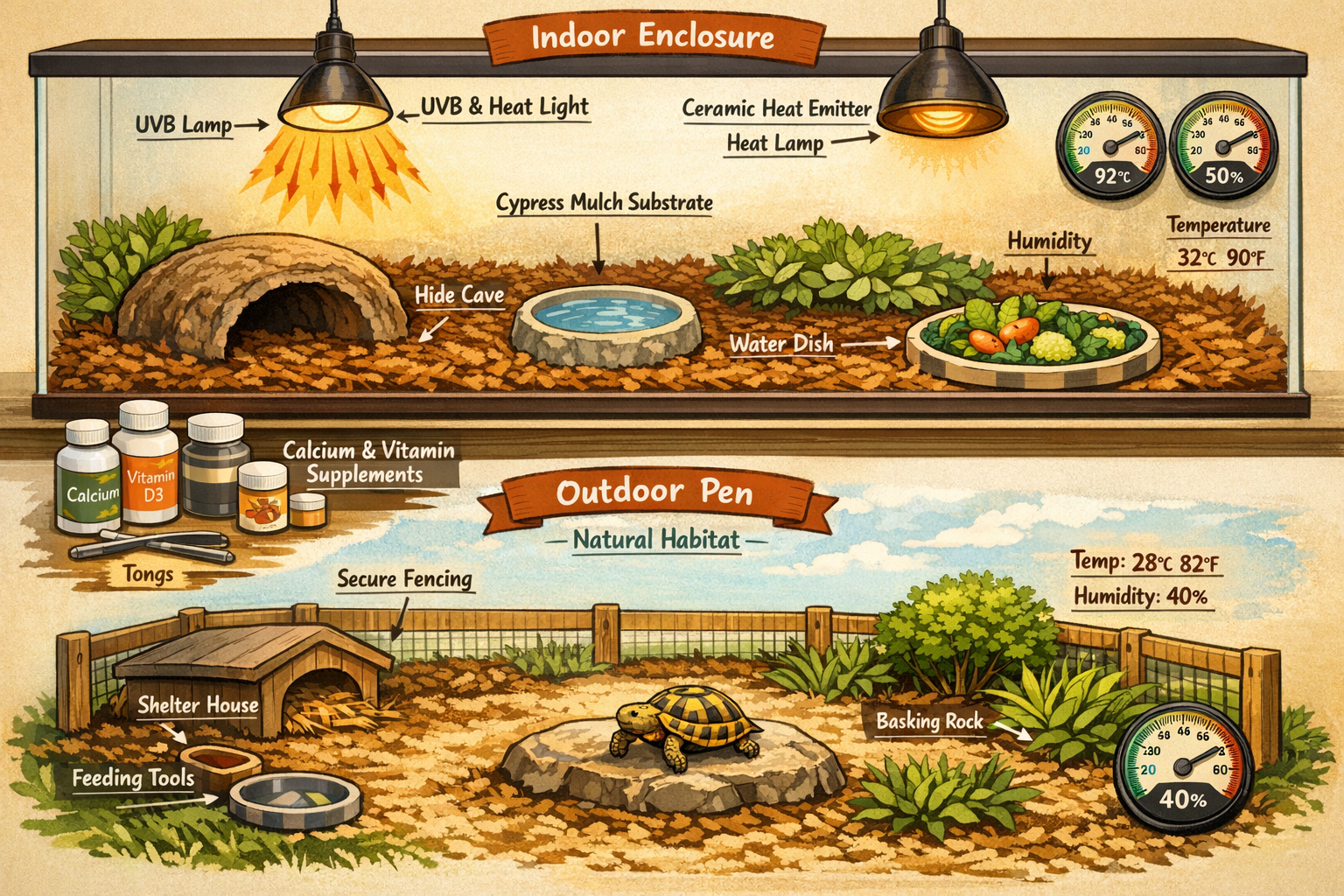 Comprehensive landscape image (1536x1024) displaying Hermann's tortoise care setup and habitat requirements. Indoor enclosure cross-section 