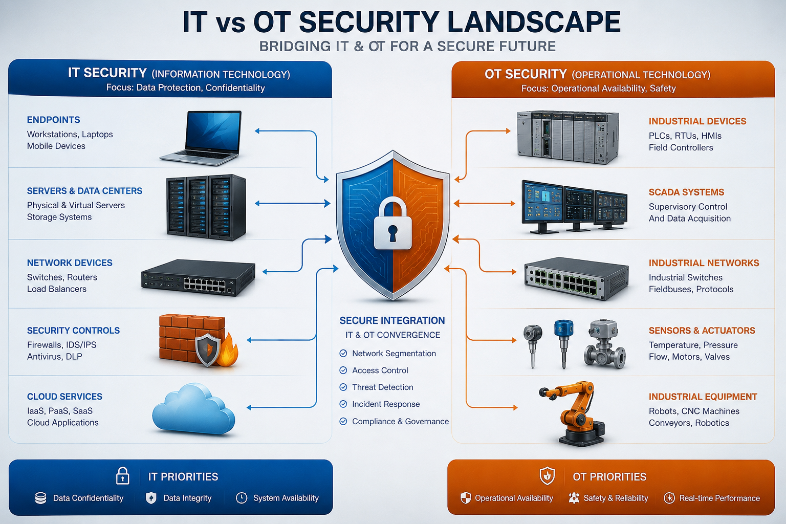 () detailed infographic showing IT security components on left (laptops, servers, firewalls, cloud icons) and OT security