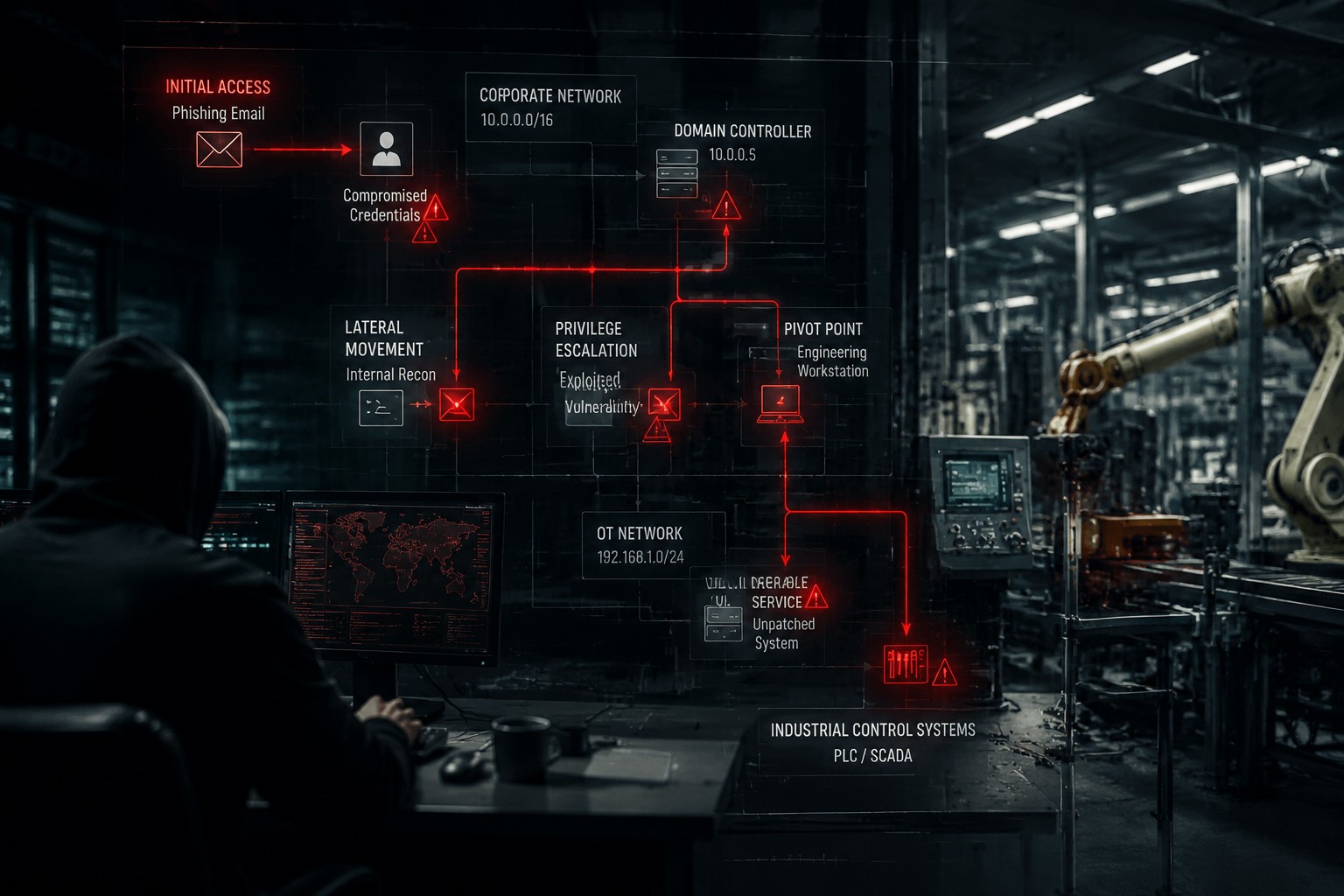 () dramatic visualization of cyber attack pathway through manufacturing network. Shows hacker figure at computer on left,