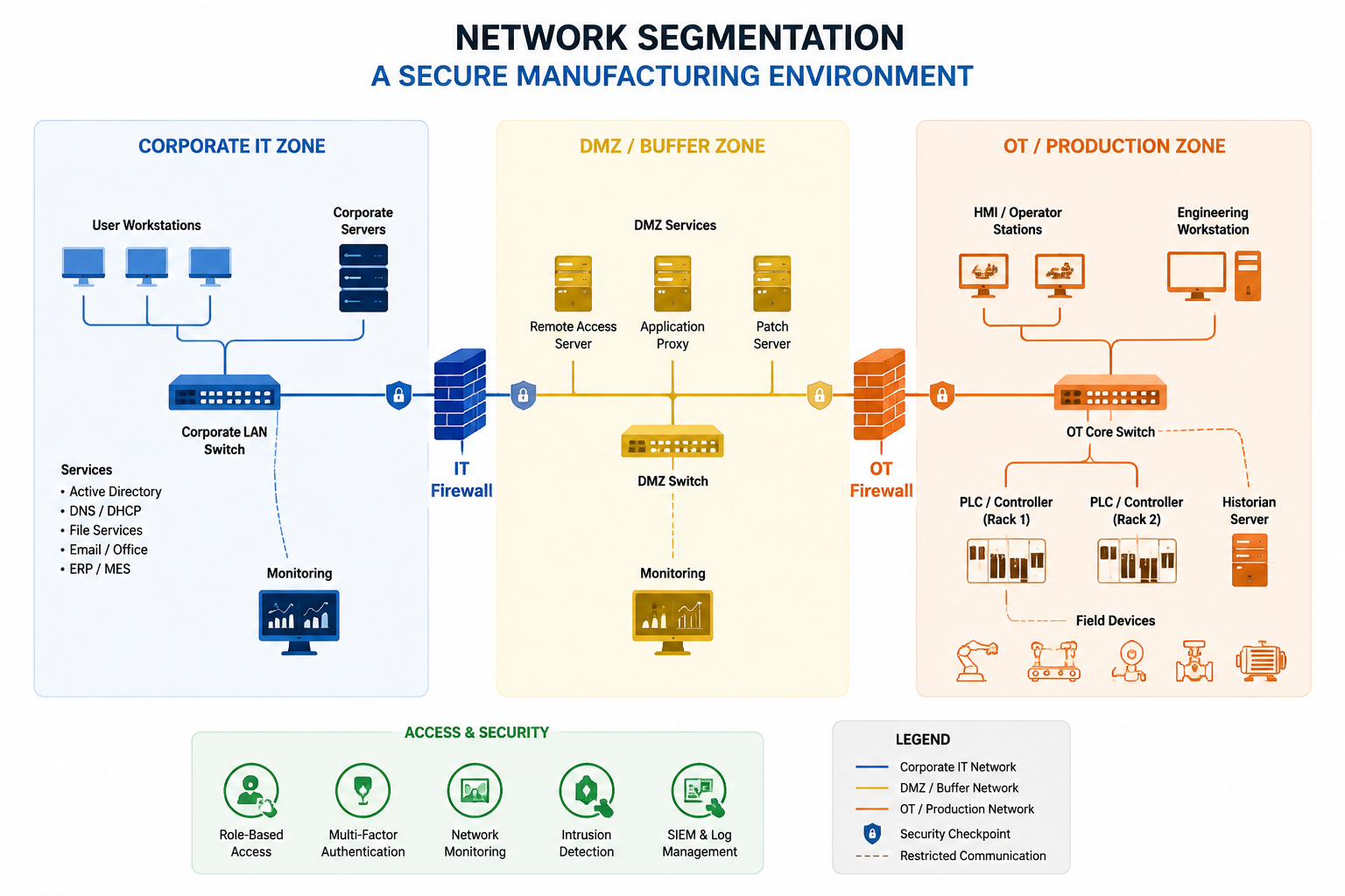 () network segmentation diagram showing properly secured manufacturing environment. Clean architectural view with clearly