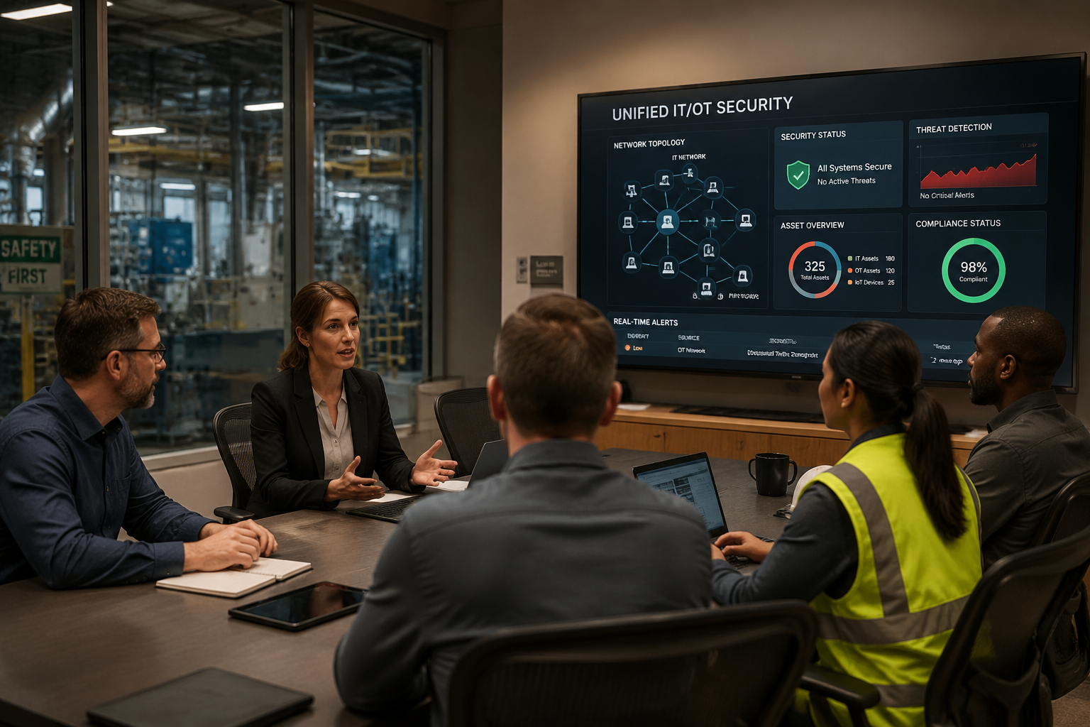 () collaborative meeting scene showing IT and OT teams working together around conference table with large wall display