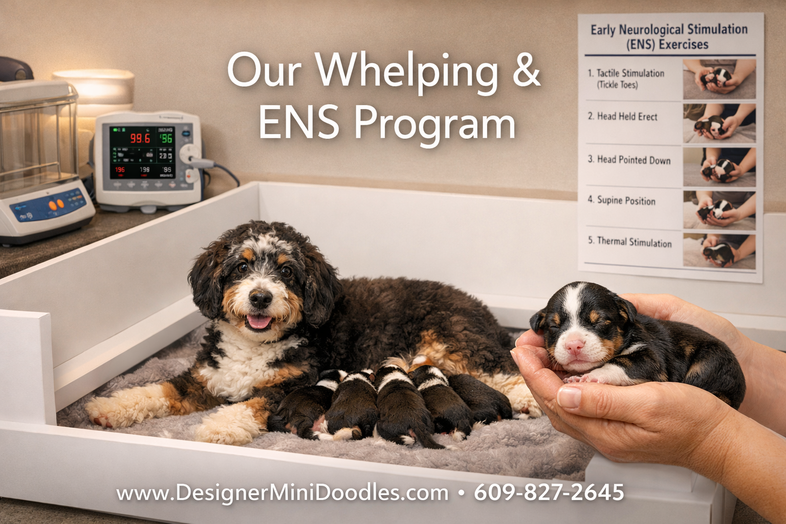 Detailed () image depicting a professional whelping room setup with a female miniature bernedoodle mother nursing puppies in