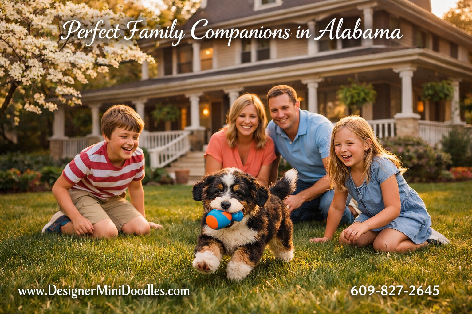 Detailed () image showing a happy family in a Birmingham Alabama suburban backyard playing with a fluffy tricolor miniature