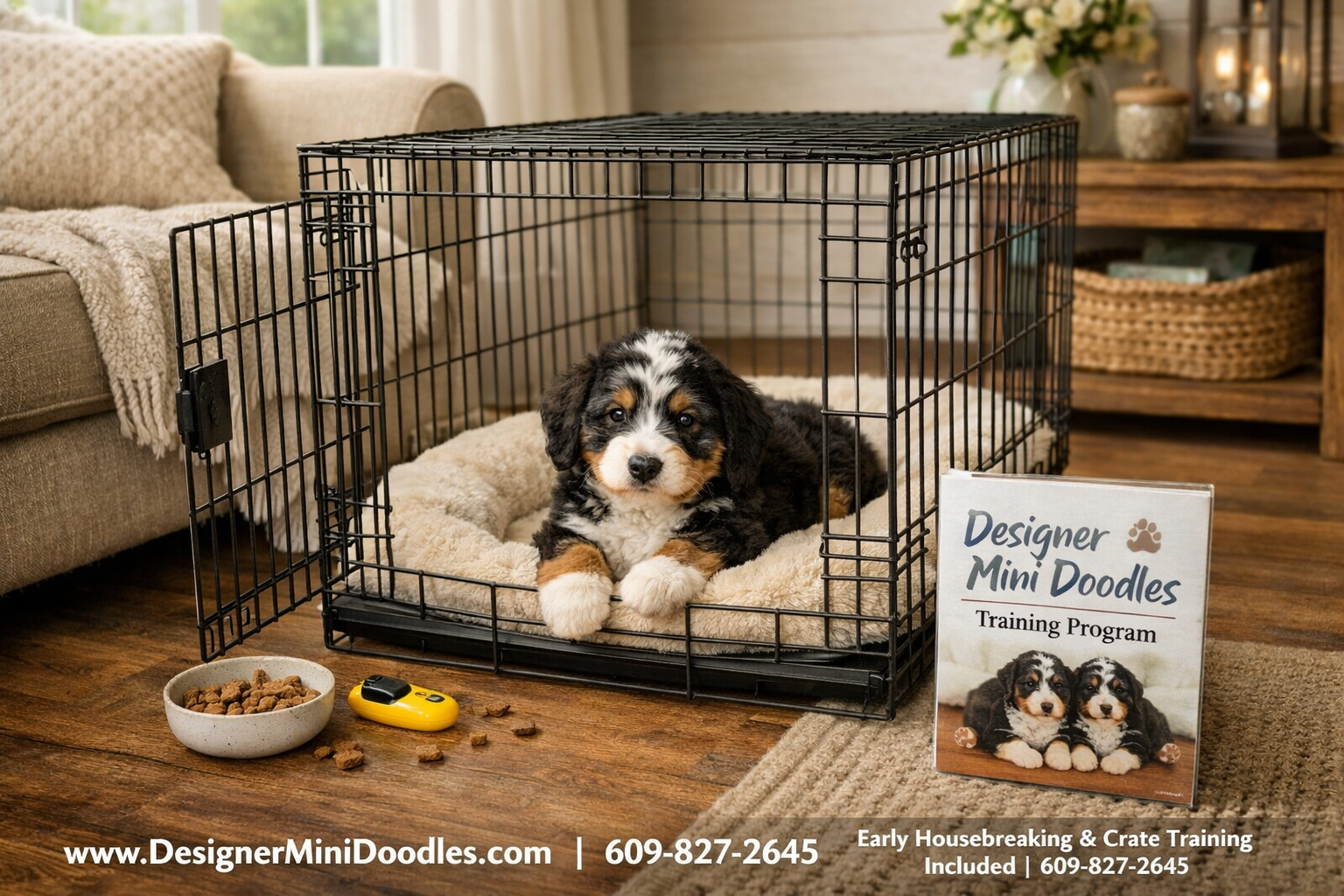 Detailed () image showing a miniature bernedoodle puppy in a crate training session inside a cozy living room. The puppy