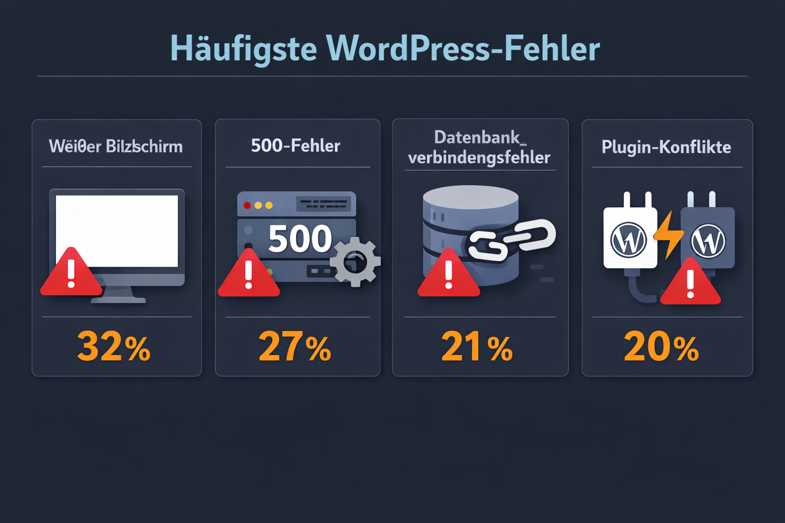 () infographic-style illustration showing the most common WordPress error types: weißer Bildschirm, 500-Fehler,