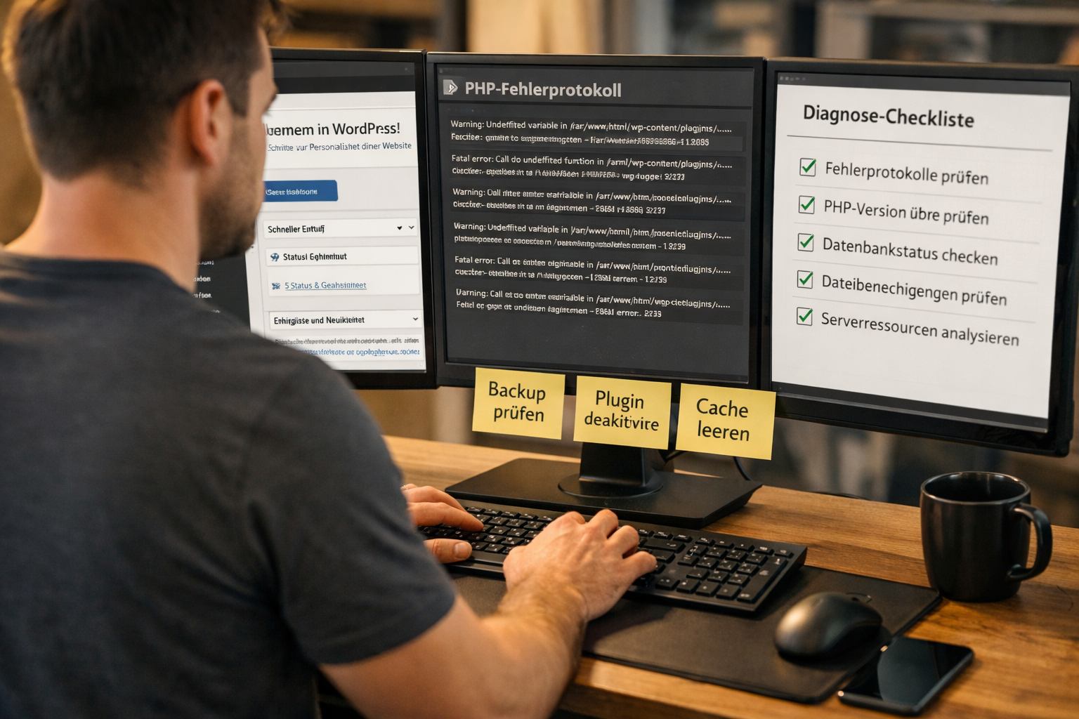 () showing a German IT professional at a standing desk with multiple monitors displaying WordPress admin dashboard, PHP