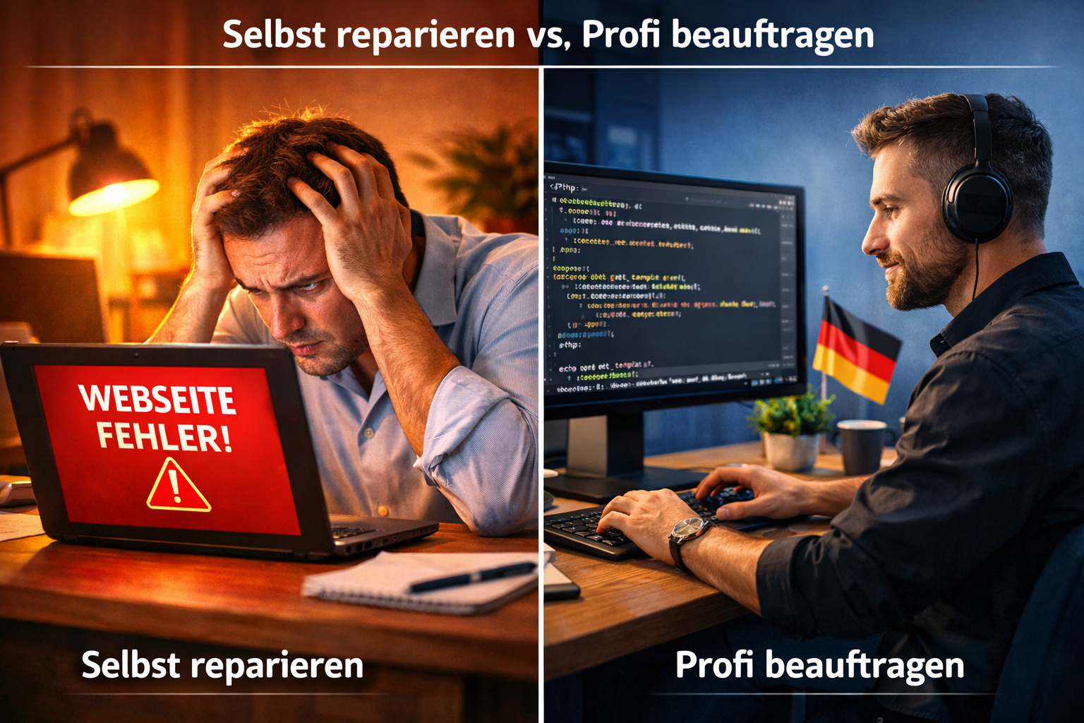 () split-screen comparison image: left side shows a stressed business owner staring at a broken website on laptop (red error