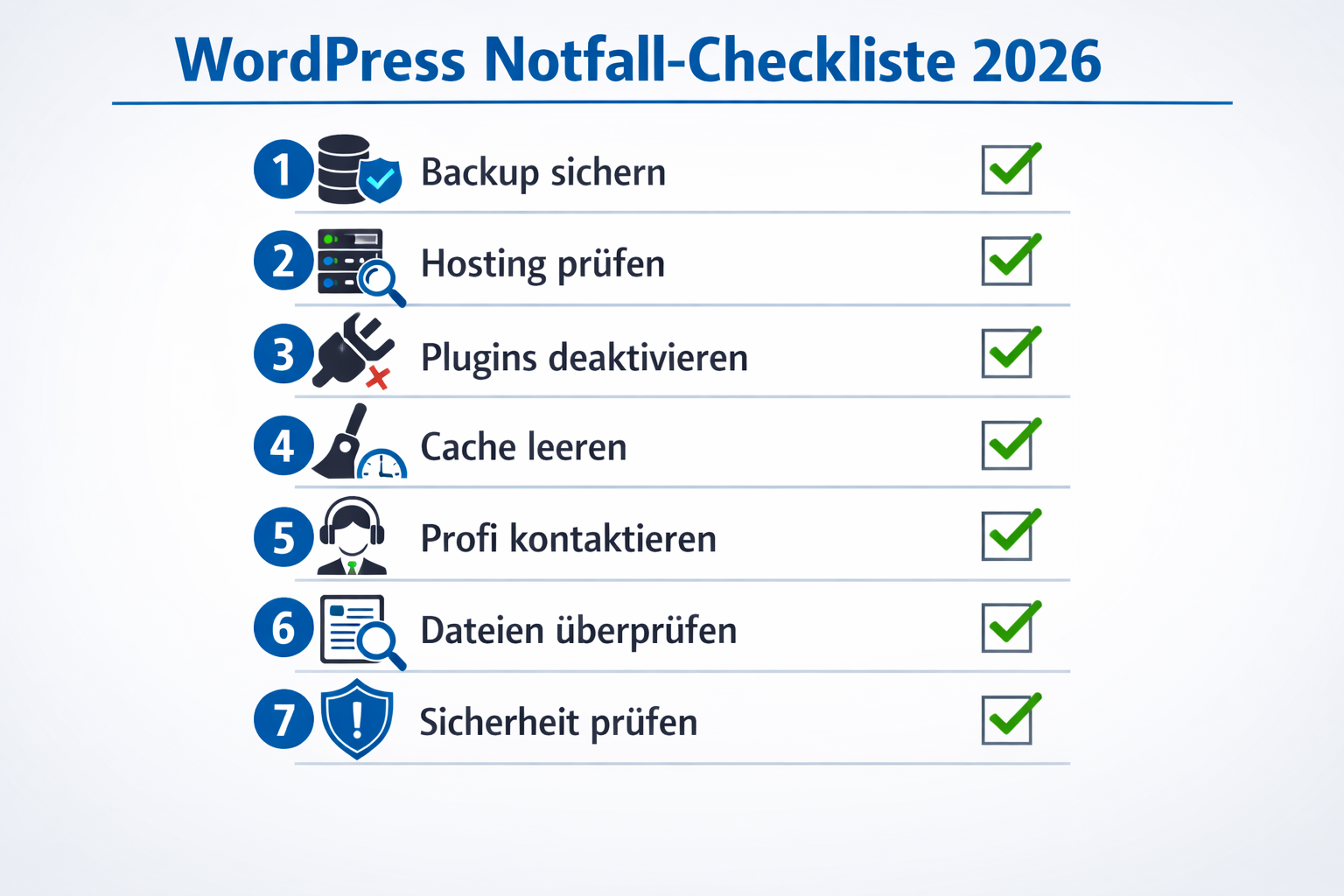 () showing a checklist-style infographic titled 'WordPress Notfall-Checkliste 2026' in German text. Seven numbered steps