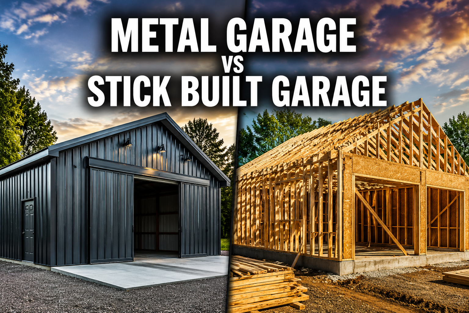Professional () hero image with : 'Metal Garage vs Stick Built Garage' in extra large white with dark drop , centered
