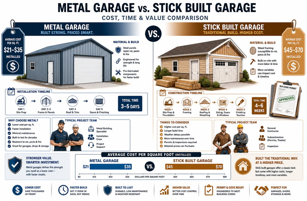 Detailed () side-by-side cost comparison infographic illustration showing metal garage on left with steel panels, price