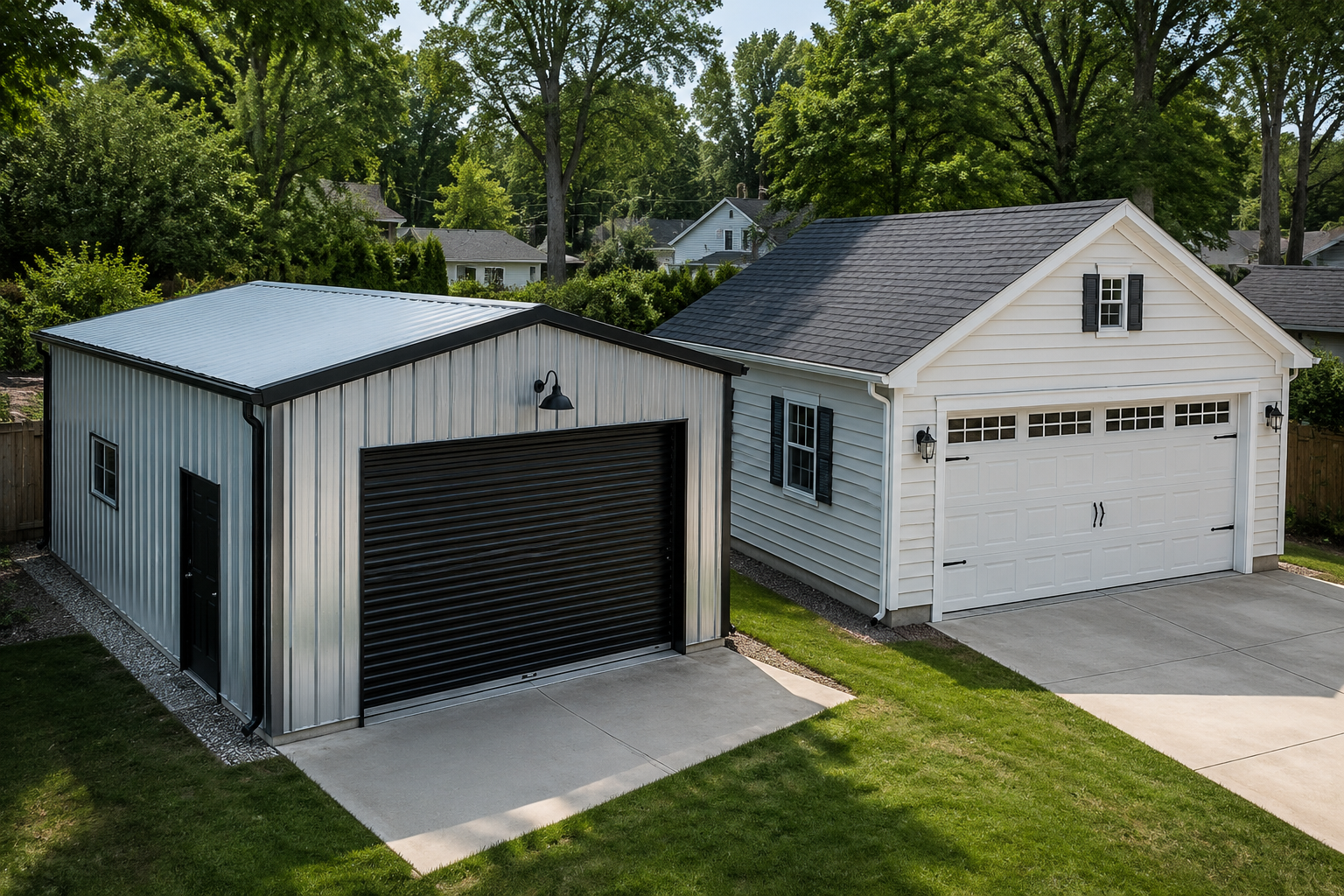Detailed () showing a realistic residential backyard scene with a completed metal steel garage on the left half of the image